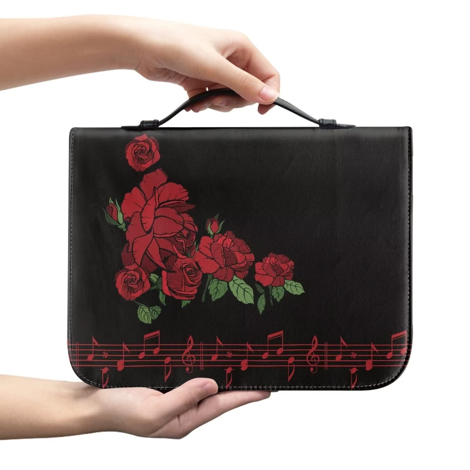 SEANATIVE Red Rose Flower Bible Cover Book Case for Women Musical Note Print PU Bible Tote Carrying Church Protective Bag with Zipper