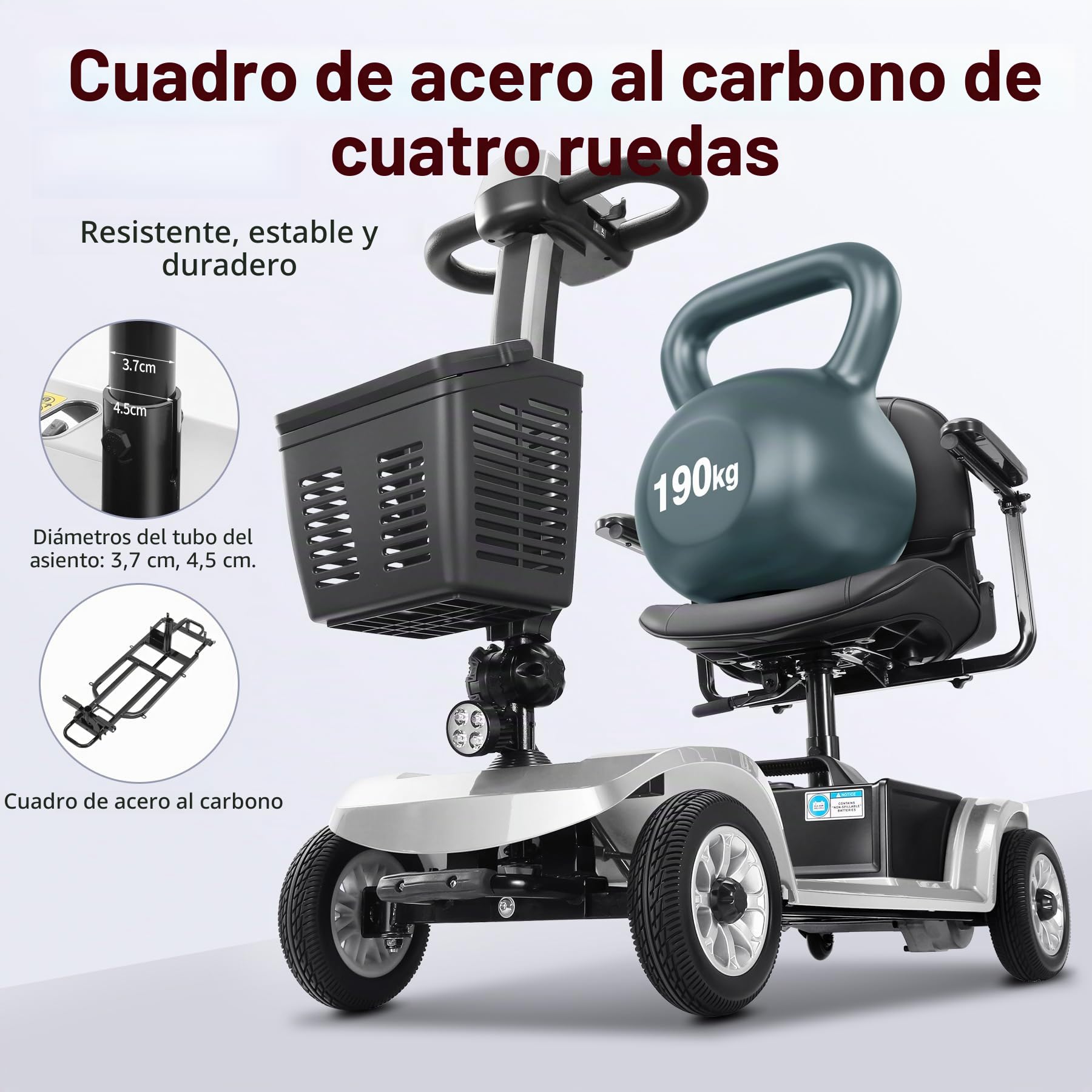 Scooters Eléctricos de Movilidad Vehículo de Movilidad Personal, Ancianos, Batería Extendida de Largo Alcance con Cargador y Cesta (Plateado)