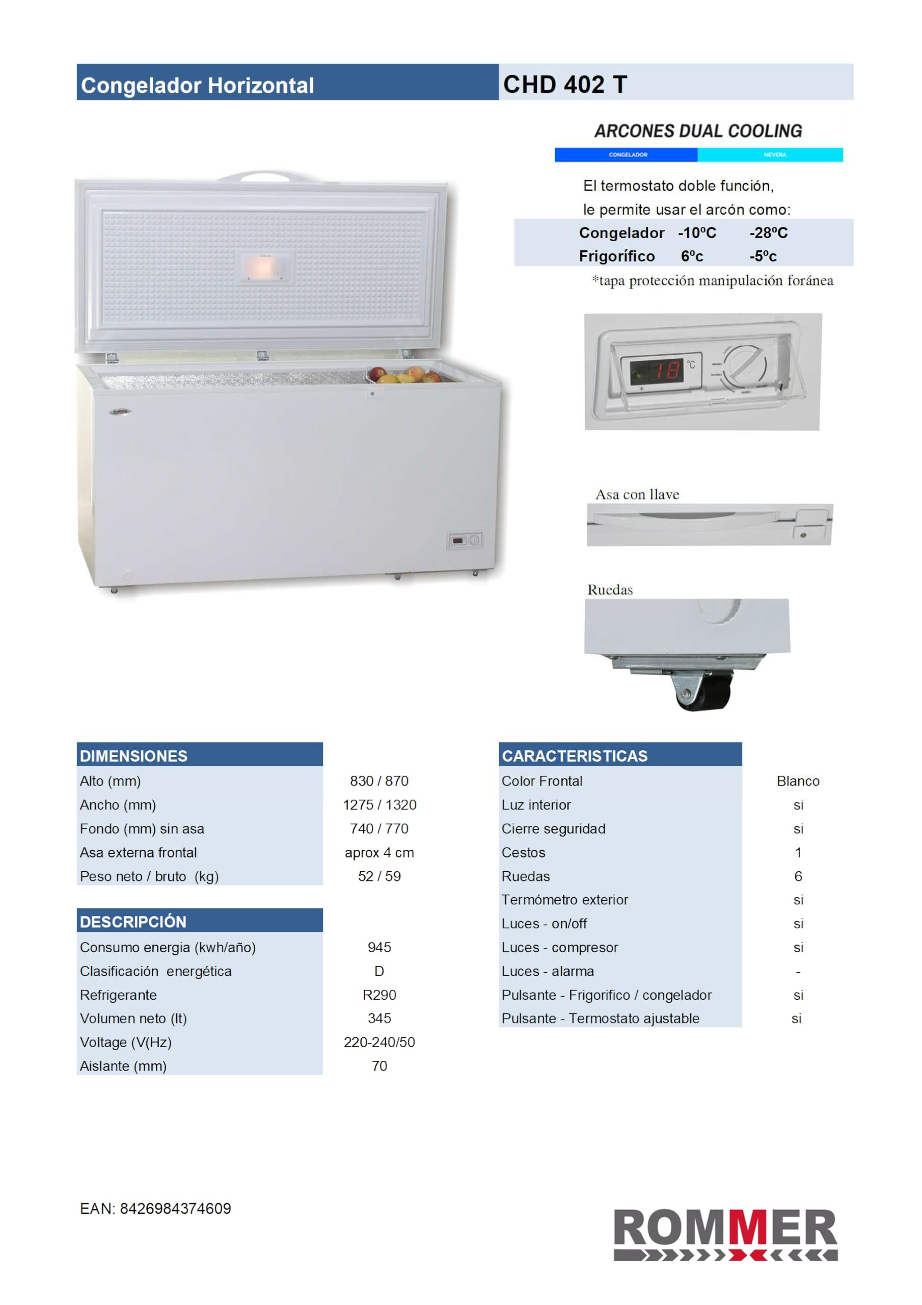 Congelador horizontal Rommer CHD 402T, capacidad 345 litros, eficiencia enrgética calse E, color blanco