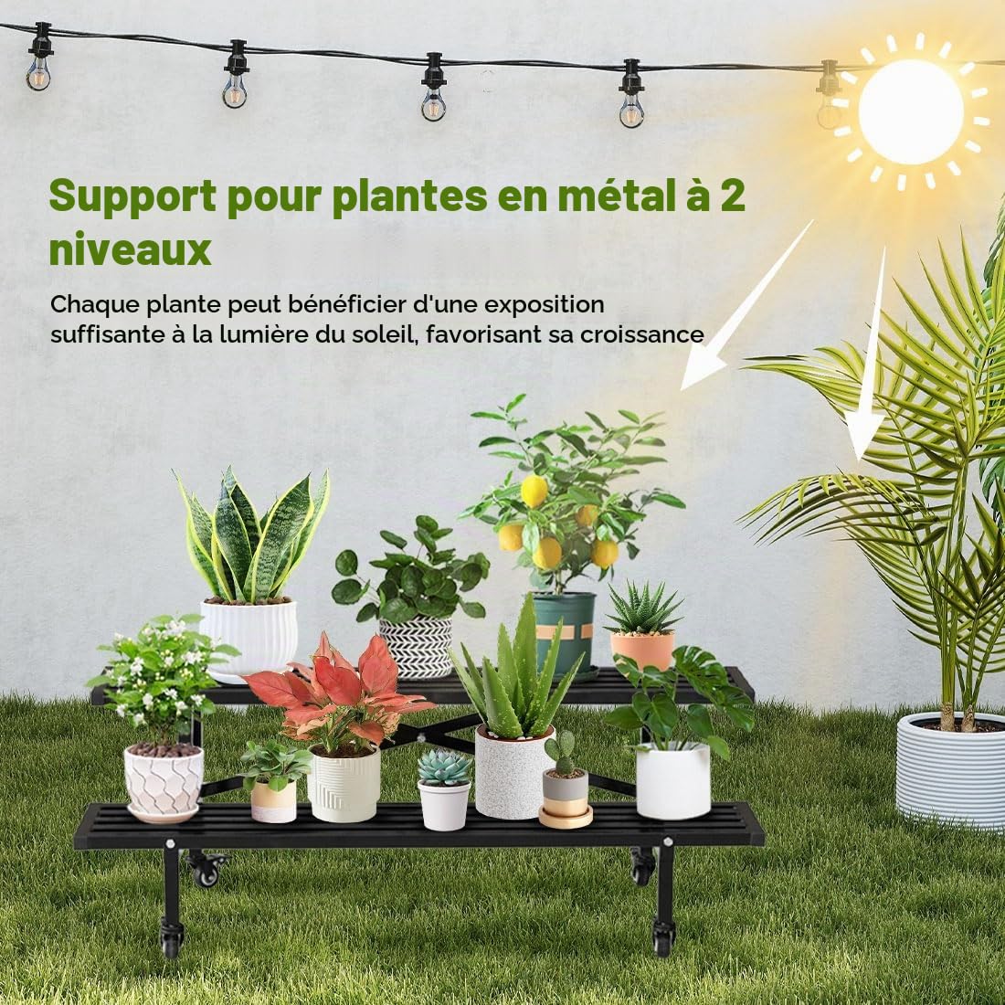 Étagère à Fleurs 2 Étages Métal roulettes Noir pour Intérieur et Extérieur