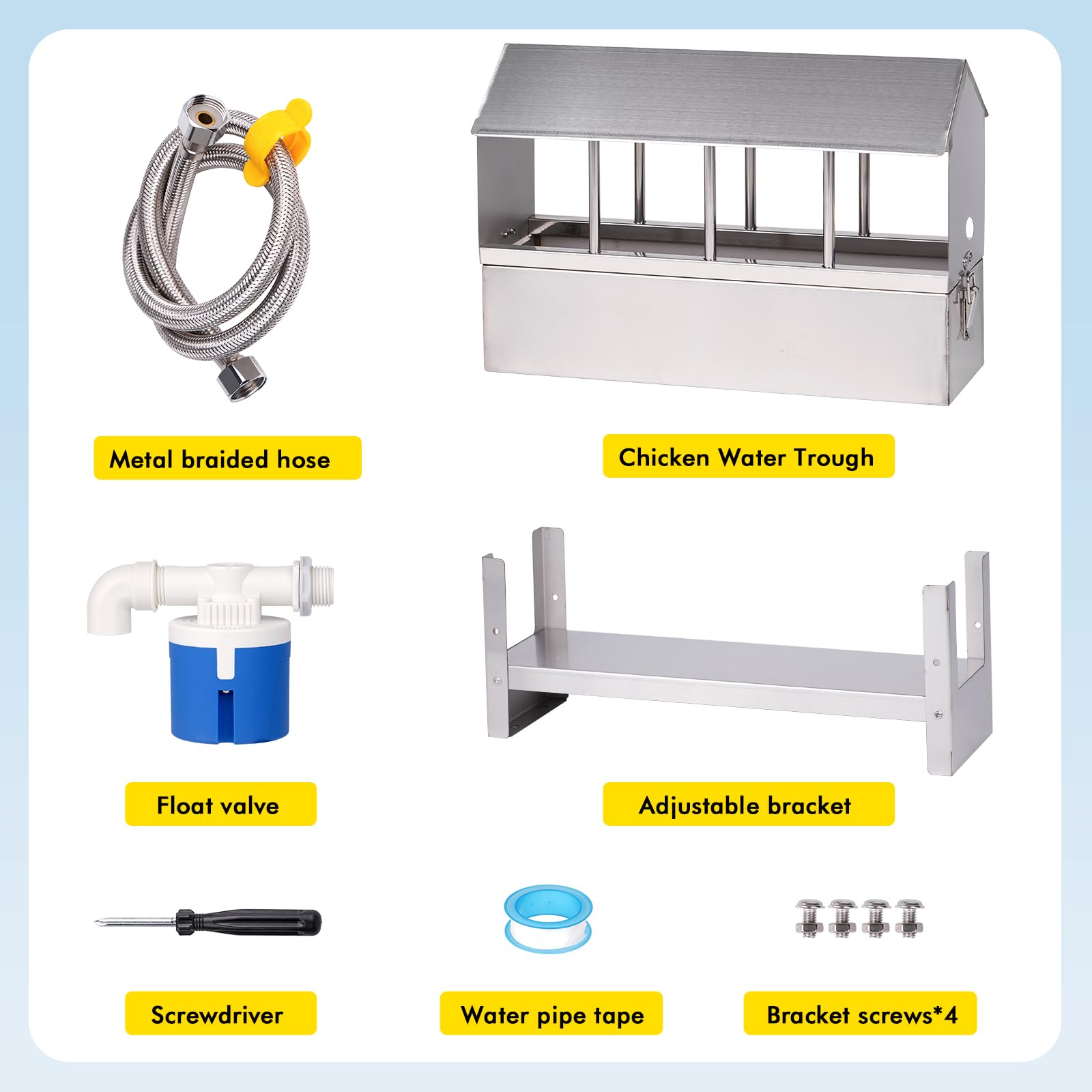 Abbeveratoio Automatico per Polli, Abbeveratoio per Pollame con Tubo Flessibile Intrecciato, Bevitori per Pappagalli con Valvola a Galleggiante e Supporto per Quaglie, Piccioni, Pulcini