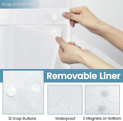 Miniatura 6 de Cortina de ducha blanca sin gancho con forro a presión, 230 GSM, cortinas de ducha para baño, 71 pulgadas de ancho x 74 pulgadas de alto