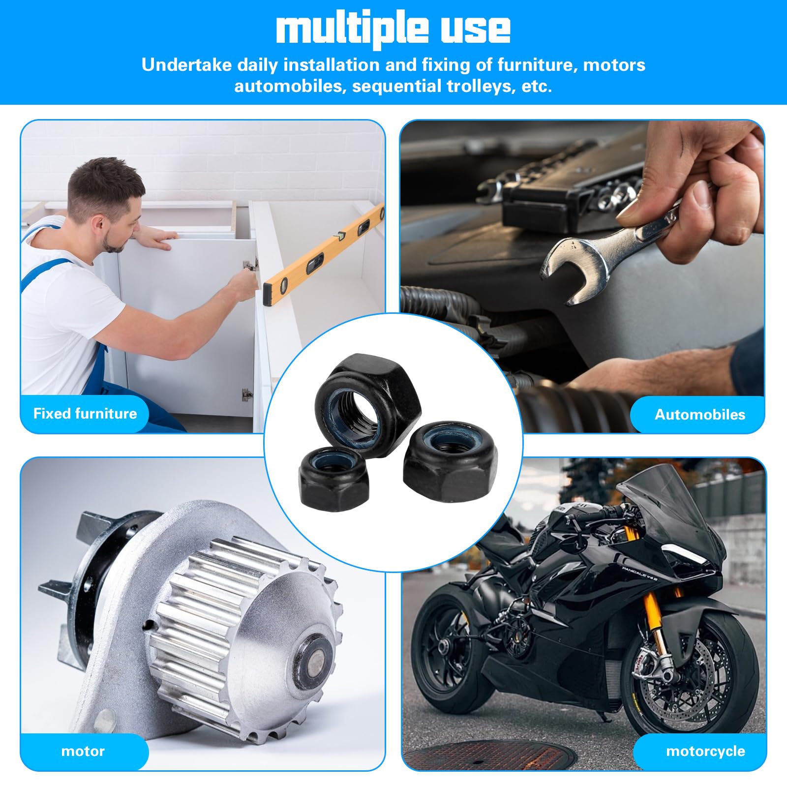 60 PzDadi M6, Dadi Autobloccanti in Acciaio Inox DIN 985, Dadi Esagonali, Metrica Dado di Bloccaggio Neri con Nylon per Viti Bulloni Filettati Barre Filettate(M6)