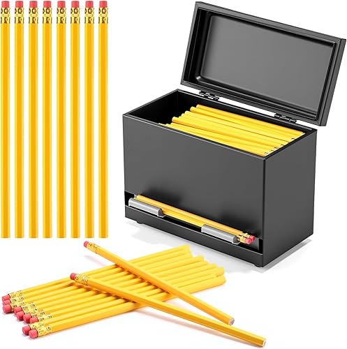 Miniatura 8 de Dispensador de lápices de acero inoxidable y 200 lápices HB con tapa de borrador para almacenamiento y dispensación de lápices, escuela, oficina,