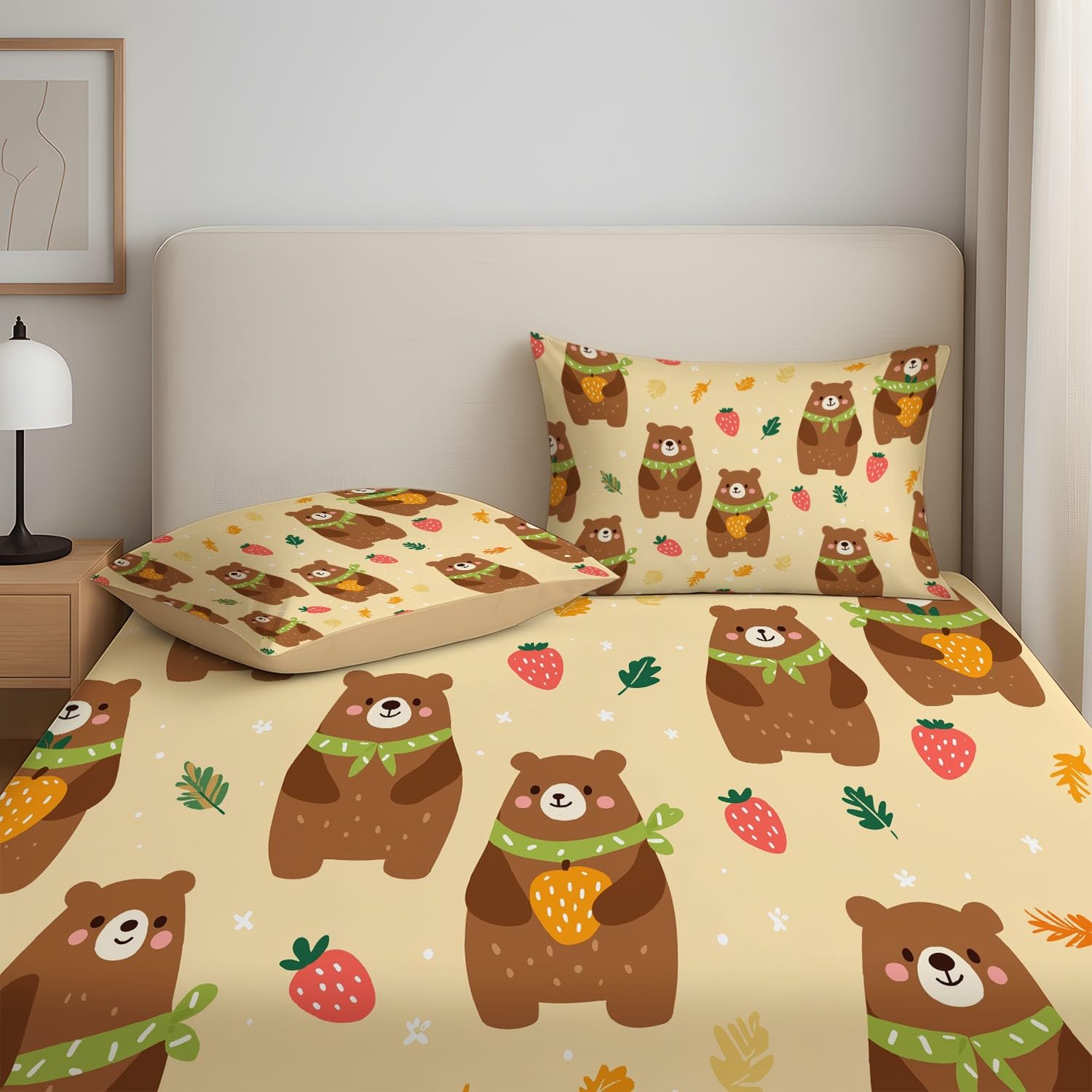 Süßer Teddybär mit Beeren Spannbettlaken 200 x 200 cm - Bettlaken Pflegeleicht, Gemütliche Cartoon-Illustration, Bettwäsche-Set, 3-teiliges Kinderzimmer & Babyzimmer
