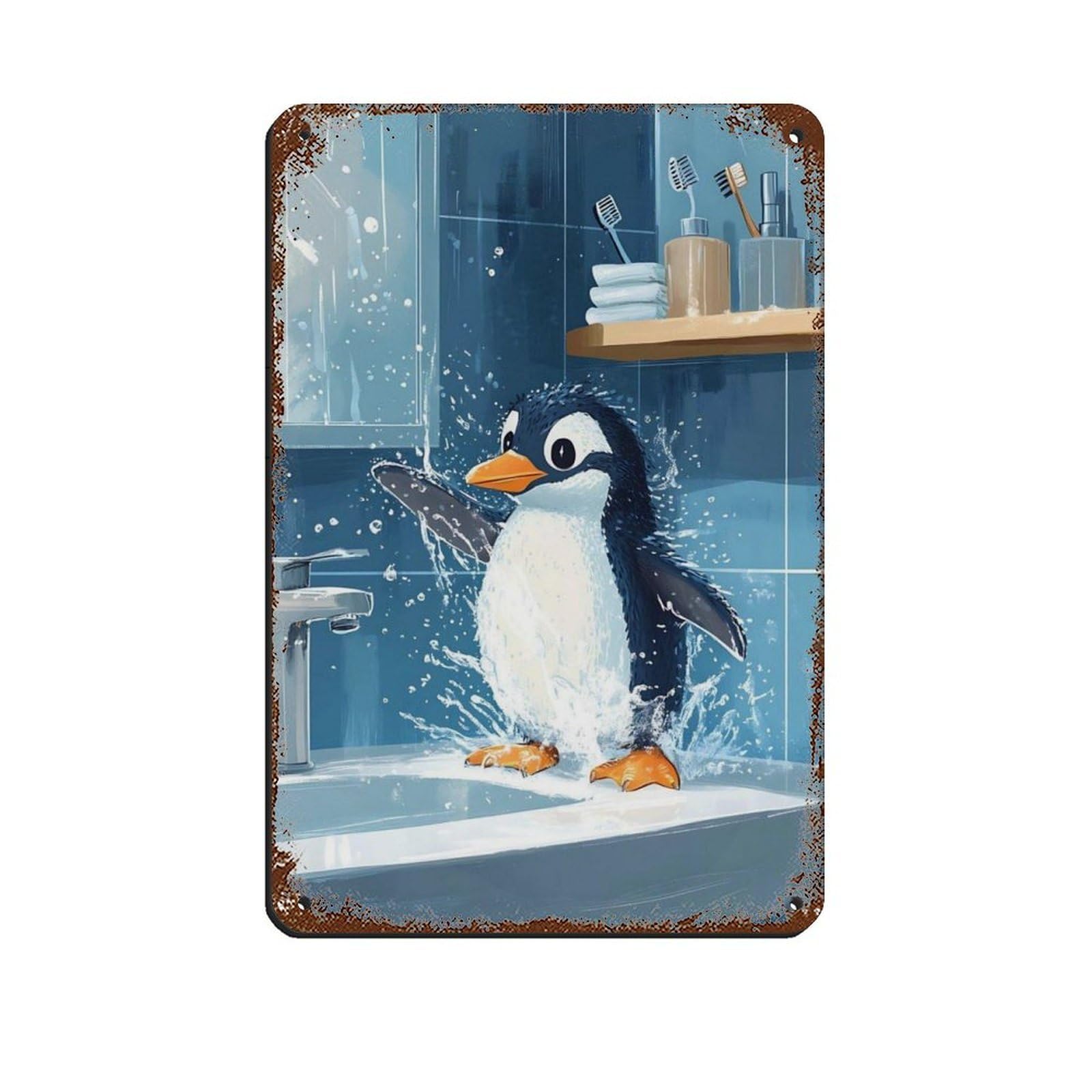 Cute Penguin Bathroom,Splashing Penguin Tin Sign Vintage Metal Pub Club Cafe Bar Home Wall Art Decoration Poster Retro 8x12inch(20x30cm)