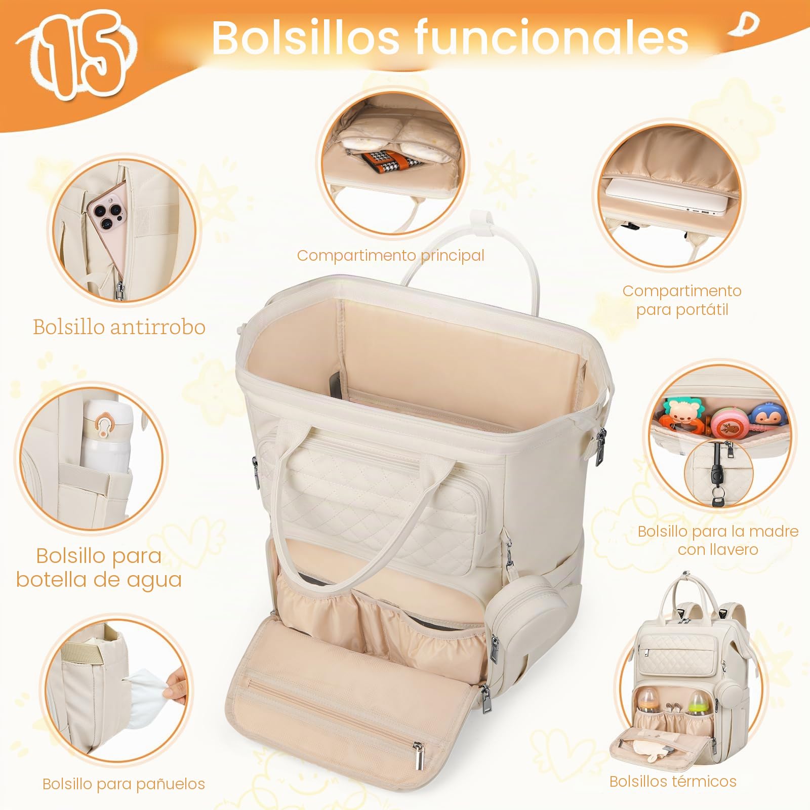 RAINSMORE Mochila Bebe Multifuncional Mochila Carro Bebe con Cambiador Portátil y Portachupete Pañaleras para Bebes Grande Mochila Cambiador para Mamá y Papá