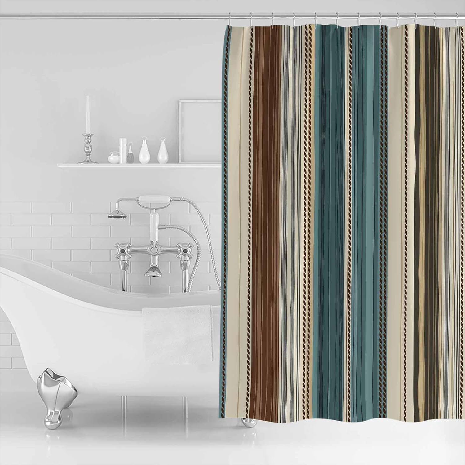 YOKOU Shower Curtain, Boho Stripes Bohemian Vintage Farmhouse Decor Teal Brown Beige Water Repellent Polyester Fabric Bath Curtains with Hooks for Bathroom Showers Stalls Bathtubs, 72"x72"