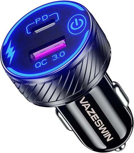 Cargador de coche USB C, VAZESWIN QC3.0 y PD tipo C adaptador de cargador rápido de coche de doble puerto USB, cargador de teléfono de coche de