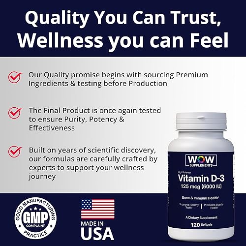Miniatura 4 de WOW Supplements Vitamina D3 5000 UI cápsulas blandas, 125 mcg  Suplemento de vitamina D3 5000IU para huesos fuertes y apoyo inmunológico  Sin OMG,