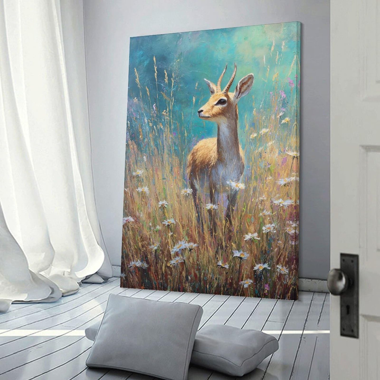 Junmoney Room Decor Wall Art Gazelle in A Field of Daisies, 24x36inch(60x90cm), for Living Room, Lounge Or Sitting Room, Canvas Styling for A Polished Room Look