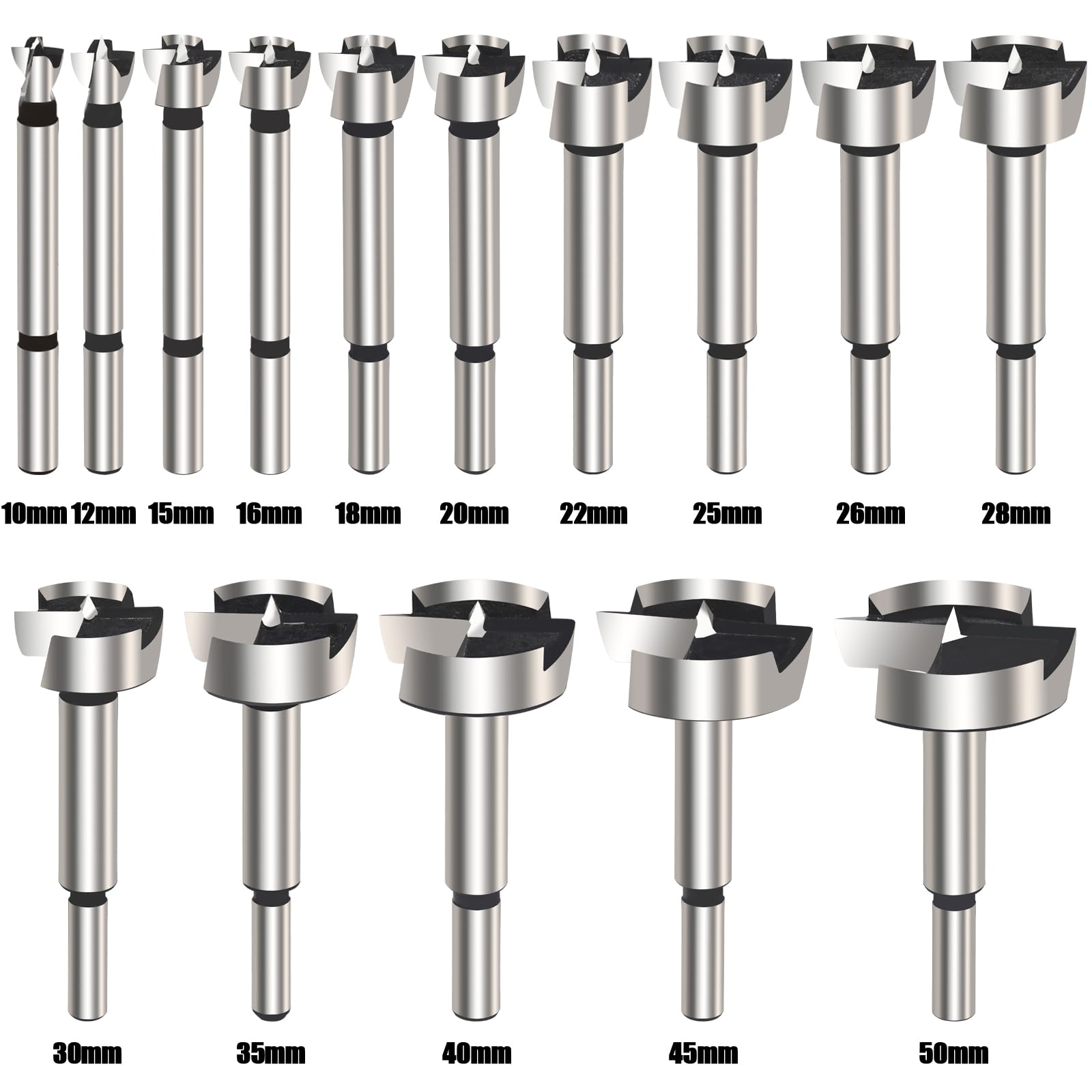 Lot de 15 forets Forstner 10-50 mm HCS à denture unique pour le travail du bois avec tige hexagonale, scie-cloche pour bois massif, MDF, panneaux de particules