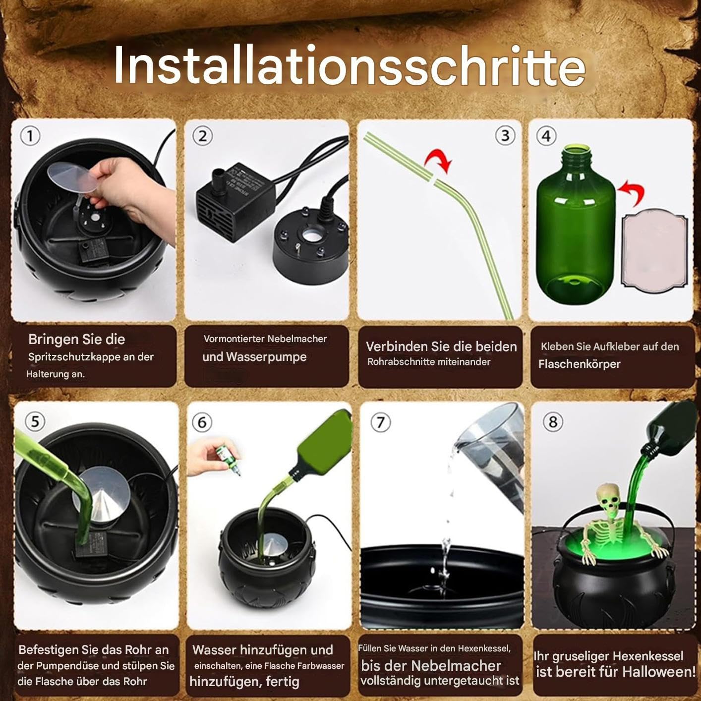Halloween Decorations Black Cauldron,Partydekoration Mit Magischen Schwimmenden Zaubertrankflaschen Und Diffusor, Skelett-Hexenkessel Für Wohnzimmer, Schlafzimmer, Schreibtisch, Drinnen Und Draußen