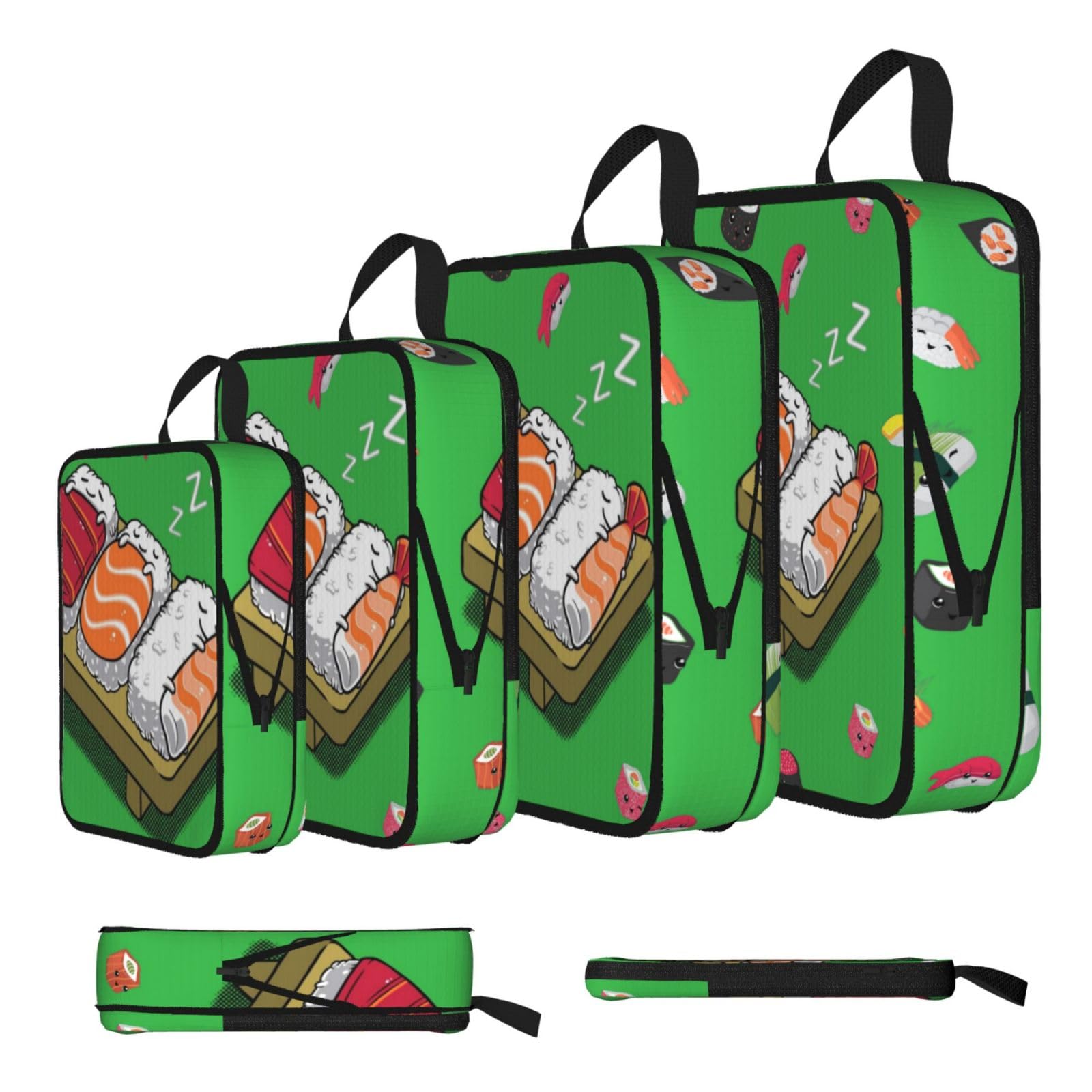 Sleeping Sushi Print Compression Packing Cubes 4-Piece Set With Multi- Compartment Travel Bag, Waterproof Suitcase Organiser Bags