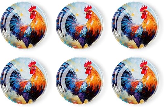 6 Pieces Fridge Magnets Refrigerator Glass Decorative Crystal Magnets for Kitchen Office Whiteboard,Colorful Rooster Beautiful Art