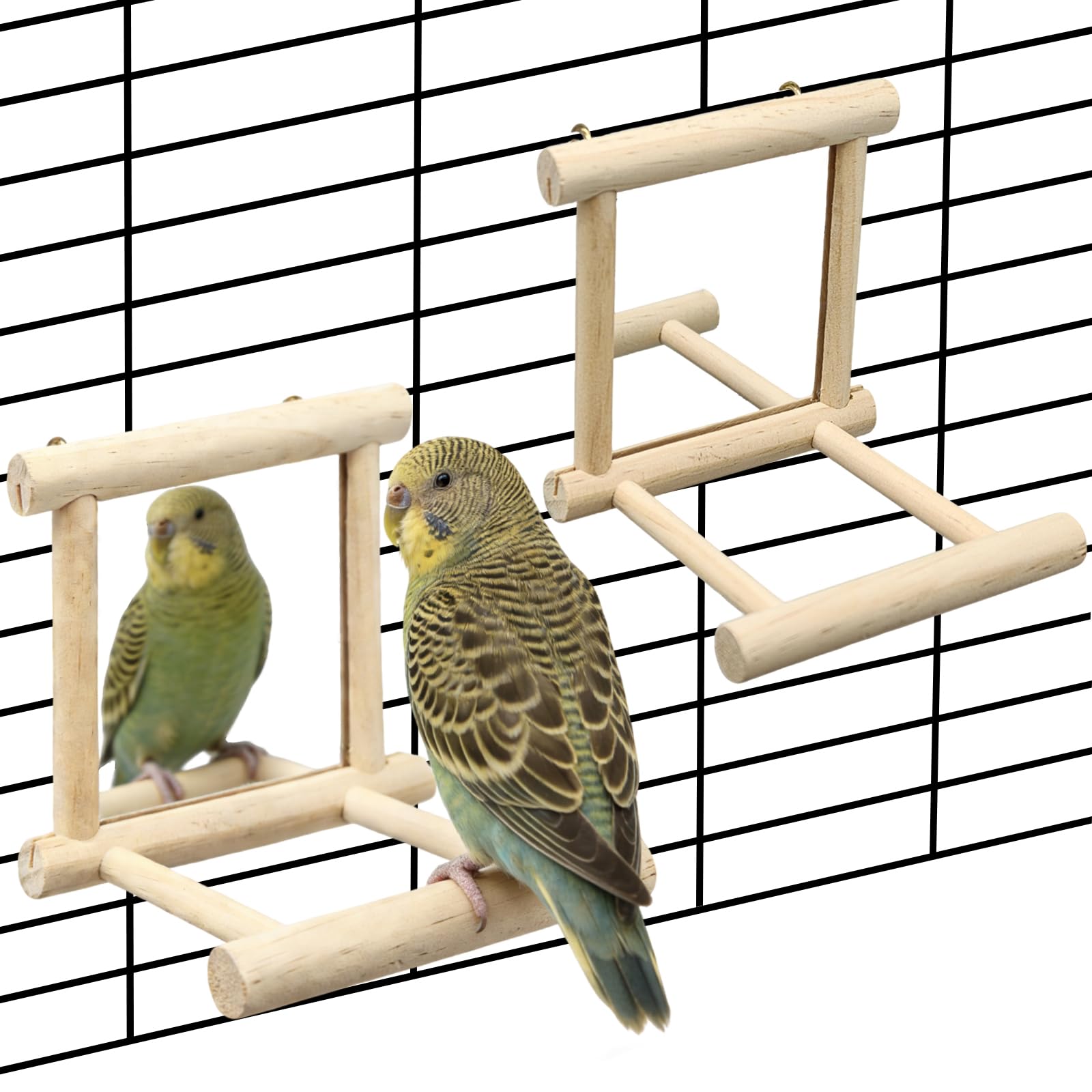 2Pcs Bird Mirror Parakeet Mirror Perch Stand Wooden Swing Mirror Toy Cage Accessories for Parrots Budgies Parakeets Cockatiels Lovebirds Finches