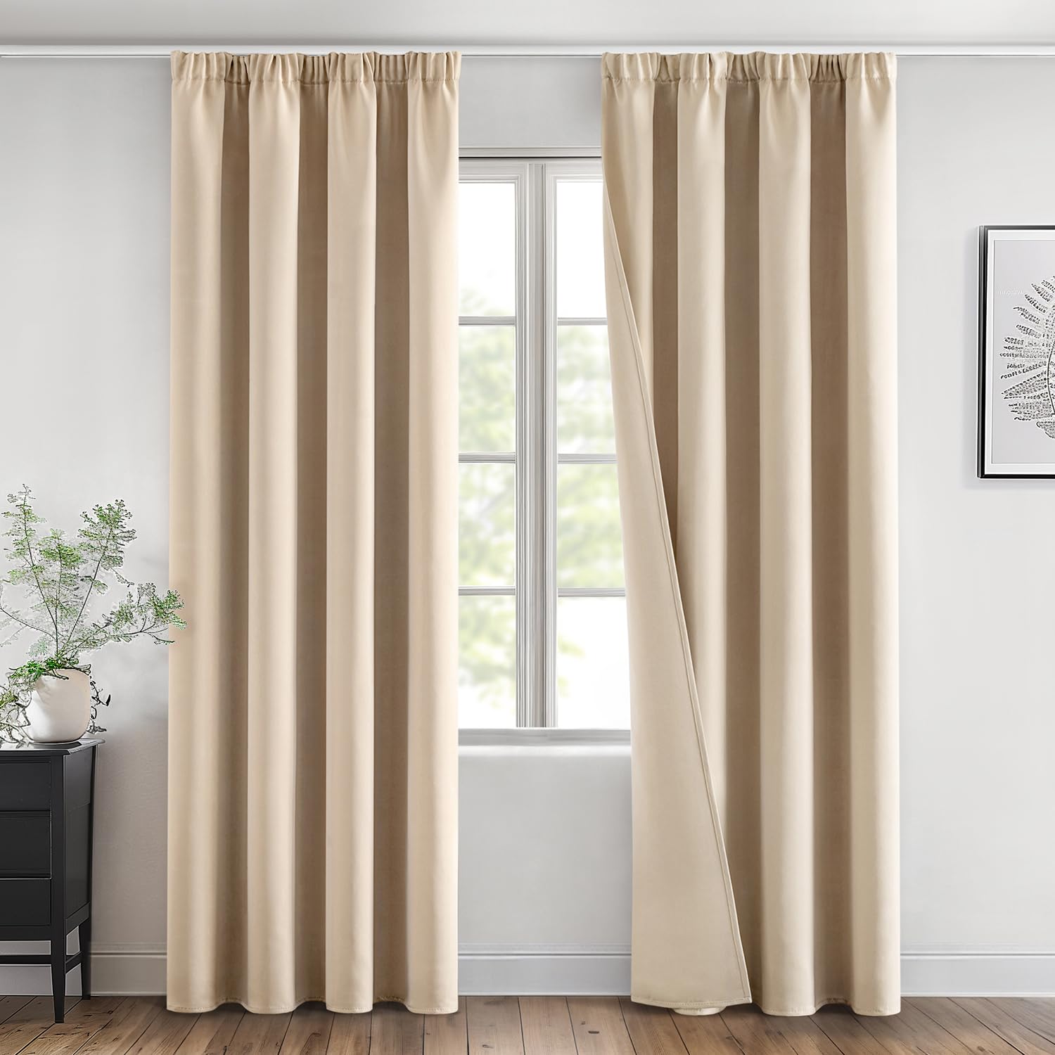 MIULEE Blackout Curtains with Ruched Tape 2 Pieces 140 x 245 cm, Beige Curtain Window Bedroom Modern Curtain Anti Light, Living Room Curtains Opaque Thermal Insulated Room Modern