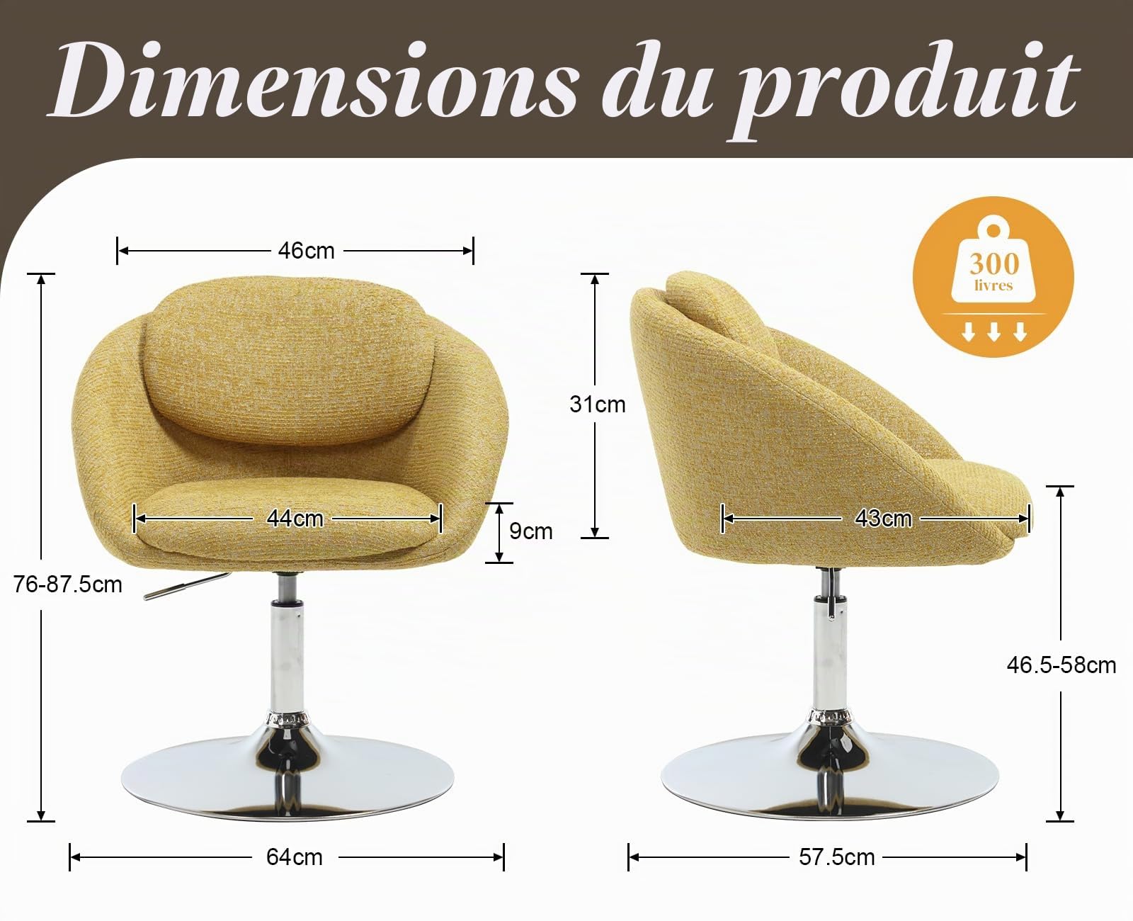 Ya-Home Fauteuil de Salon Moderne en Chenille, Chaise Coiffeuse Design avec Base Ronde Chromée Fauteuil Relax Réglable en Hauteur, Jaune