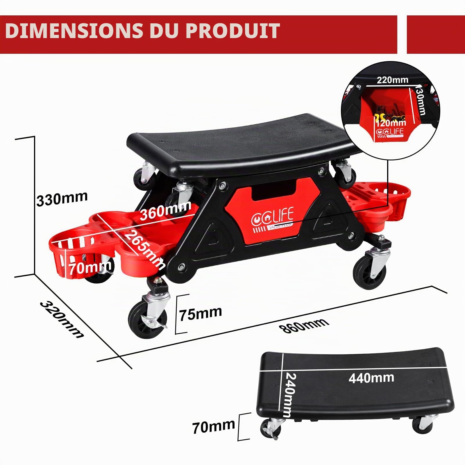 CCLIFE Tabouret D'atelier de Mécanicien 180kg Garage Siège Roulant Tabouret de Mécanicien avec roulettes Tabouret Roulant avec tiroirs Siège Utilisable Séparément