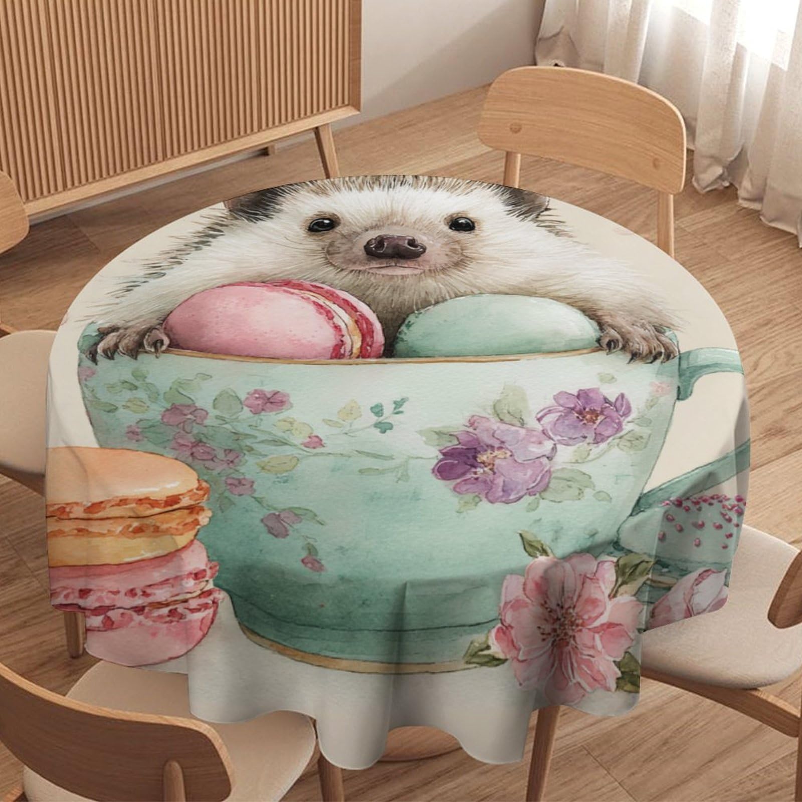 LUYYSKY Funny Cartoon Cute Hedgehogs Round Tablecloth Classic Oil Painting Macarons Flowers Animals Hedgehog Print Washable Decor for Table Cover for Kitchen-177.8" Wx177.8 L cm