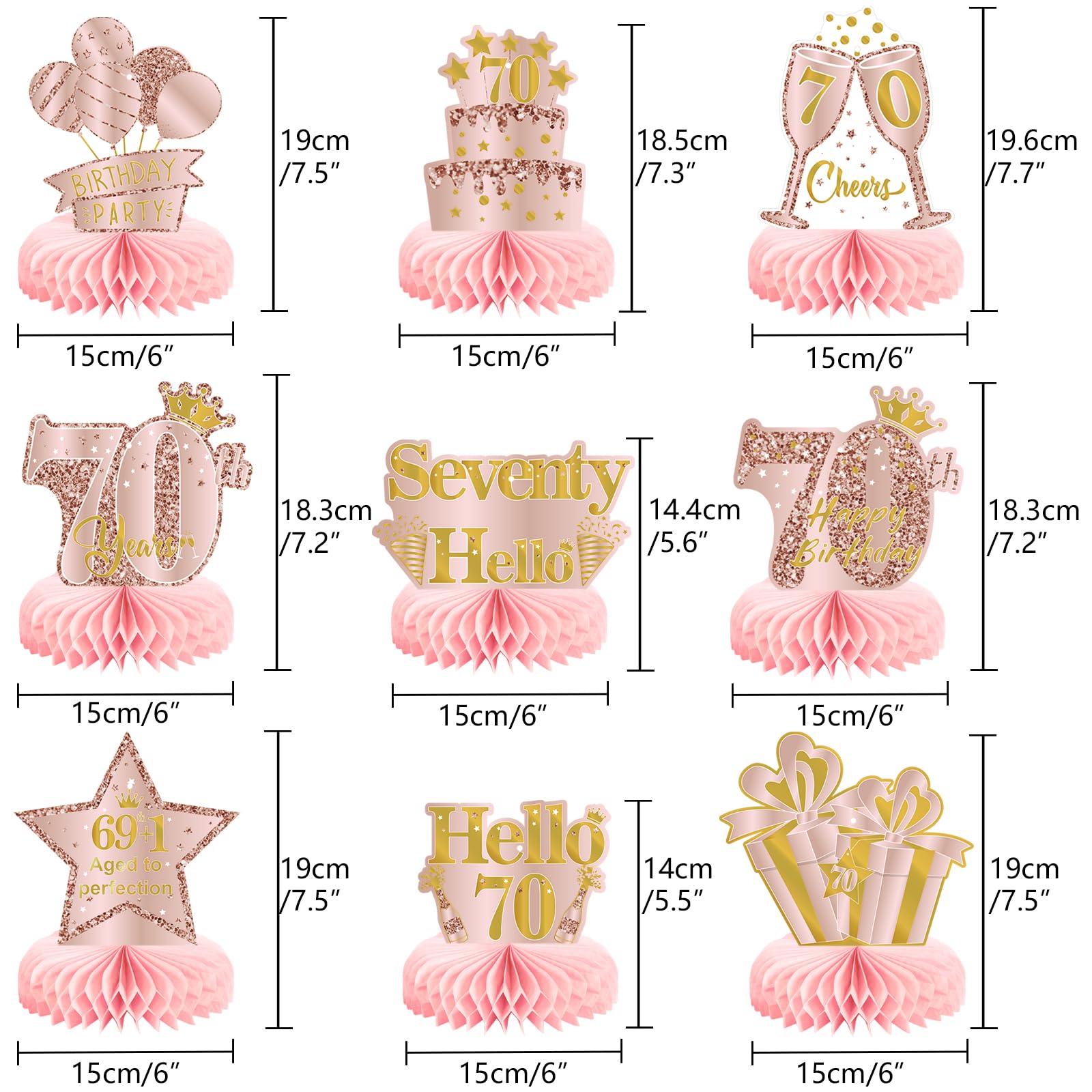 9Pcs 70th Birthday Decorations Pink Rose Gold Honeycomb Centerpieces for Women,Happy 70th Birthday Table Centerpieces Party Supplies,Seventy Year Old Birthday Table Toppers Decor