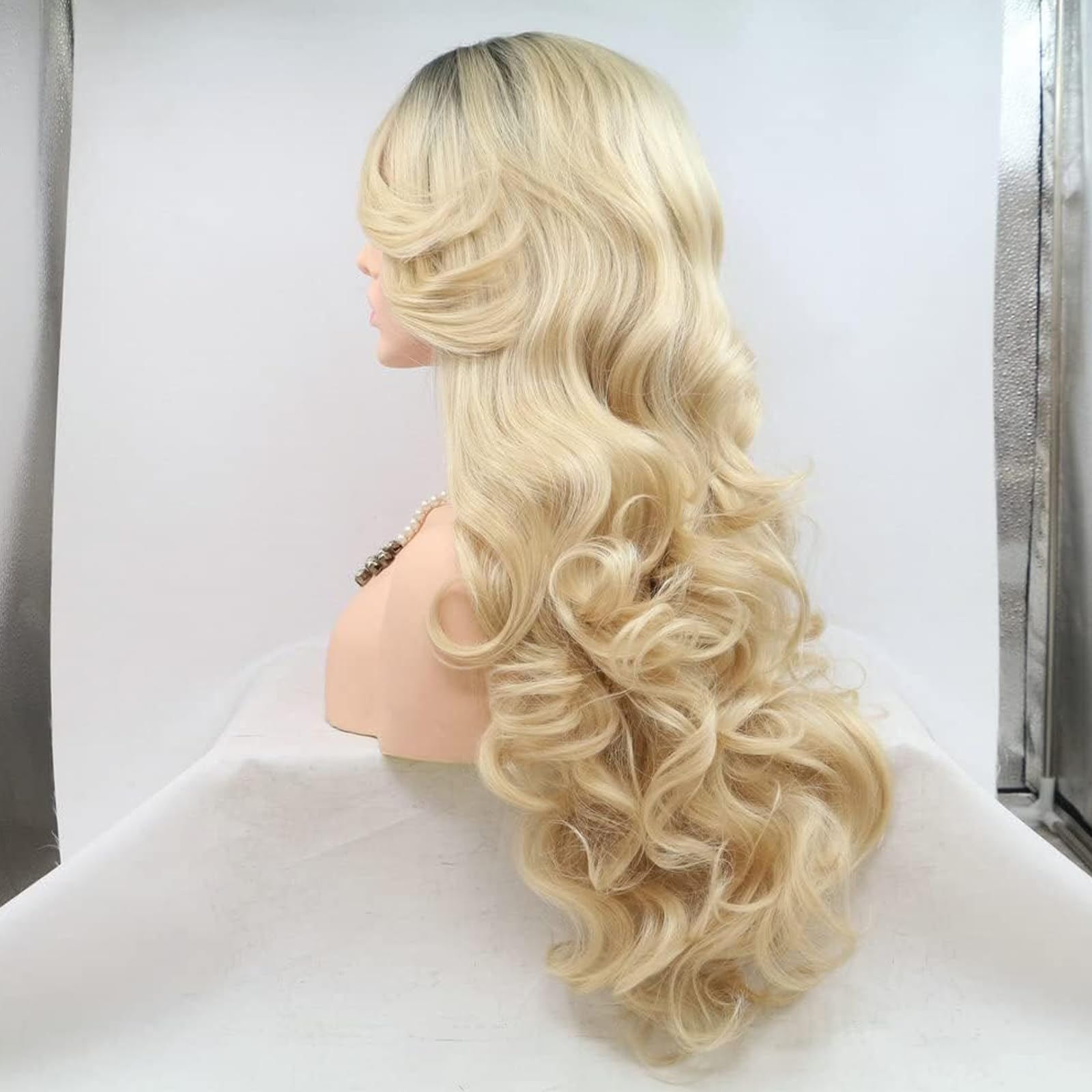 Perruque Longue Ondulée Blond Doré Méché - Style Libre, Bonnet Moyen, Synthétique