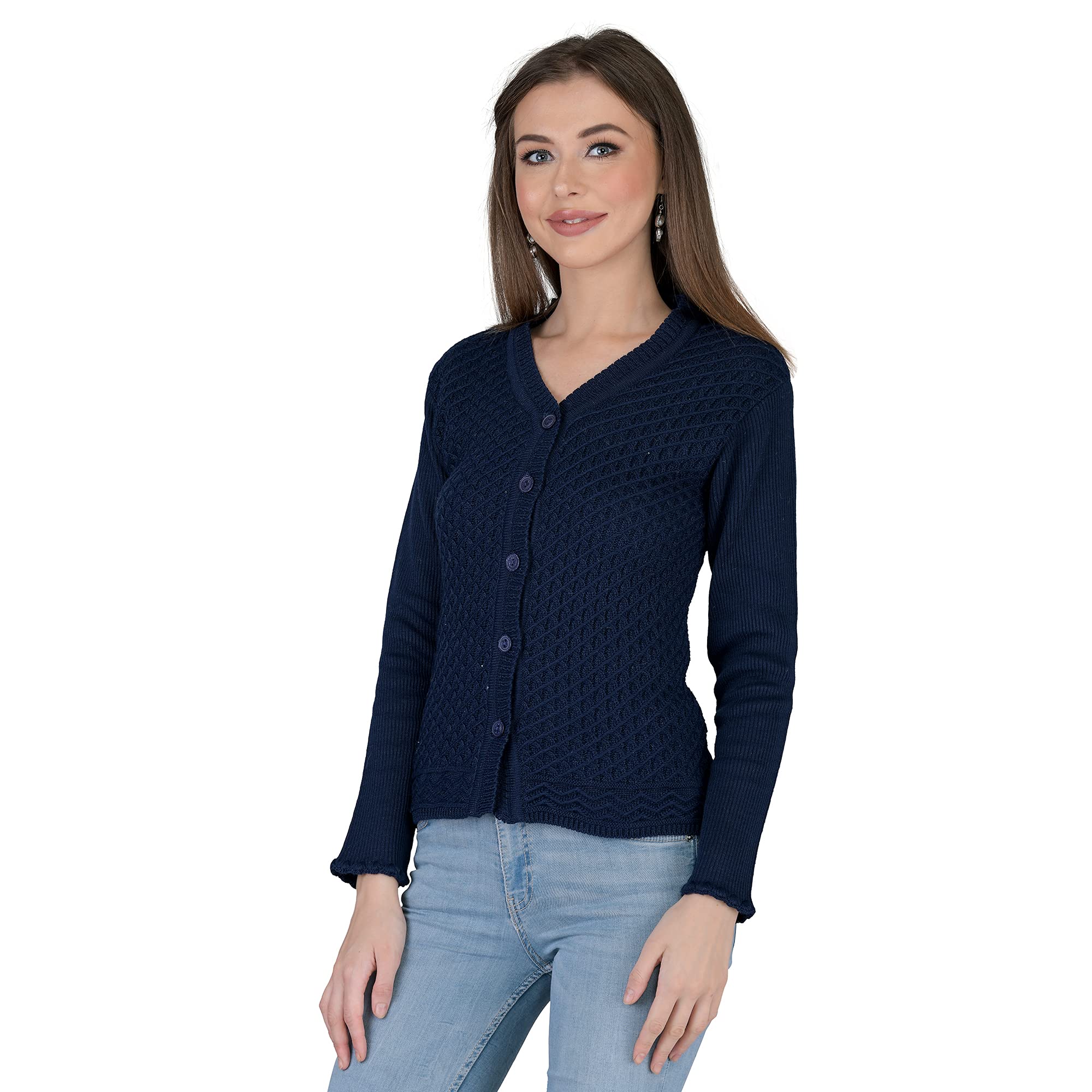 Women Woolen V-Neck Self Design Cardigan Heavy Daffodil Fabric Cardigan Winter Wear Pure Wool Cardigan for Women Free Size Long Cotty Fully Warm Cardigans (3XL, Navy)-image-15