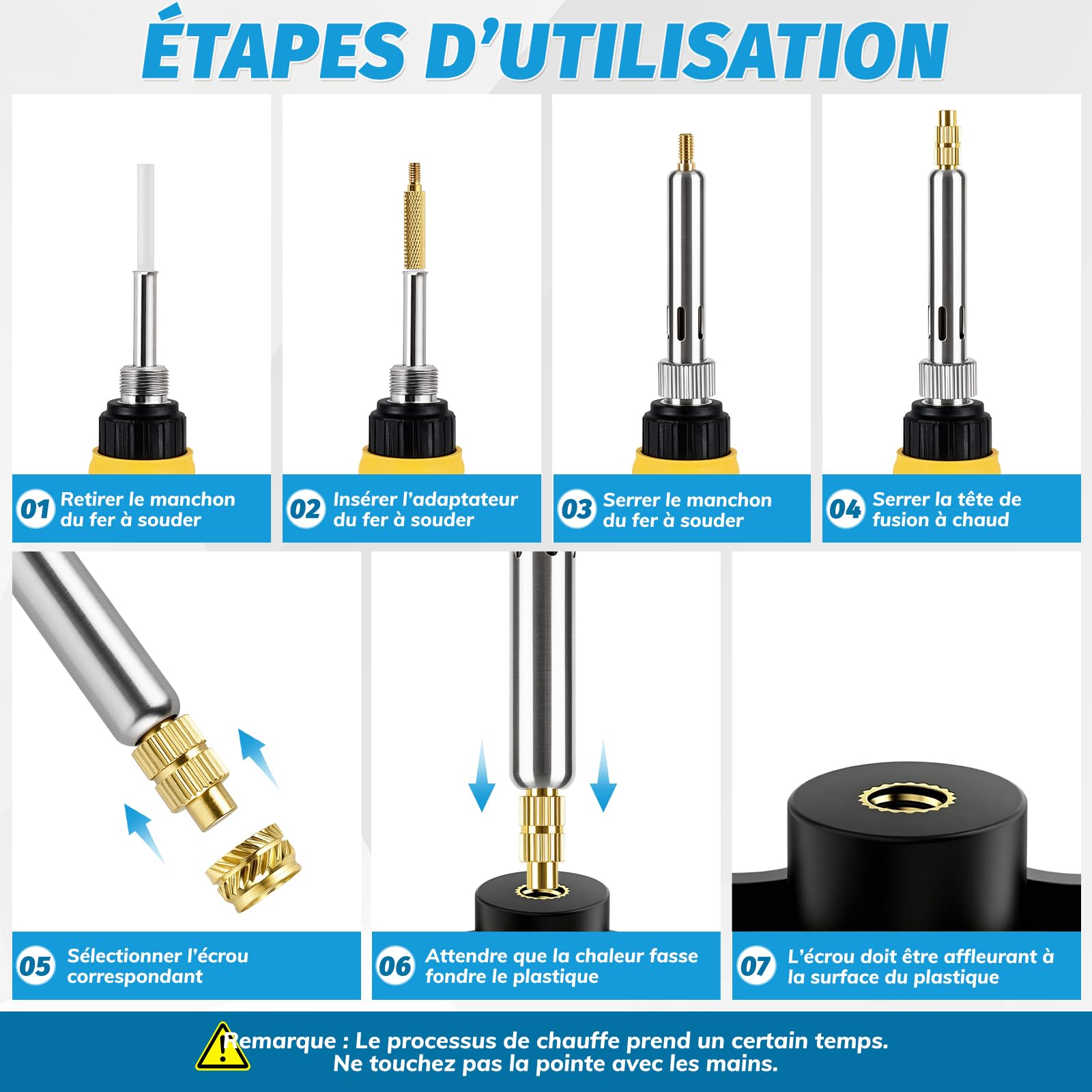 Inserts Filetés 400 pcs et Fer à Souder 80W, Température Réglable 180–500°C, 7 Pannes, M2/M2.5/M3/M4/M5/M6/M8 pour Impression 3D et Plastique