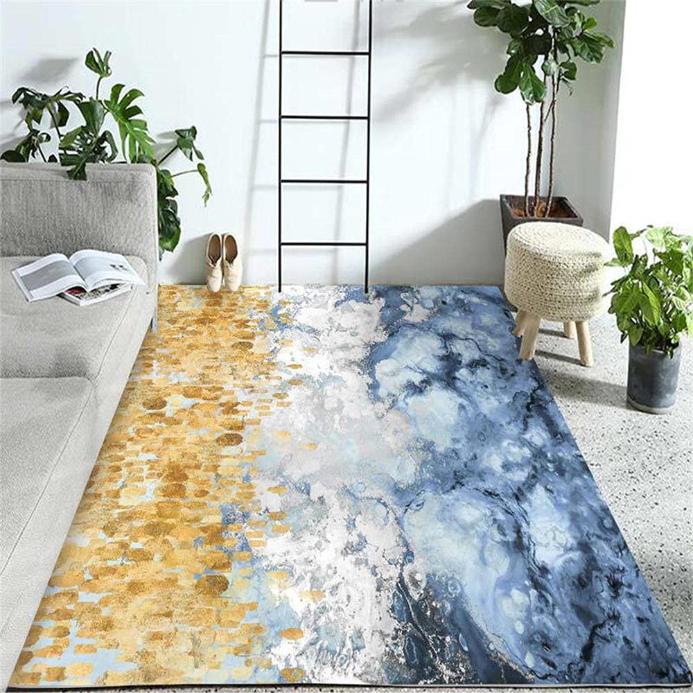 Tapis de couloir long déco salon moderne blanc bleu antidérapant 50x80