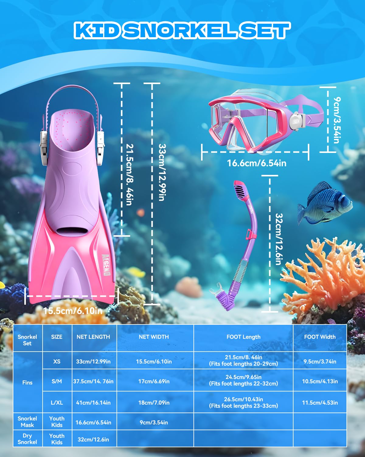 Aegend Equipo de esnórquel para niños y jóvenes: máscara de buceo antivaho, aletas ajustables y esnórquel seco, kit completo de esnórquel para esnórquel, buceo, buceo y natación