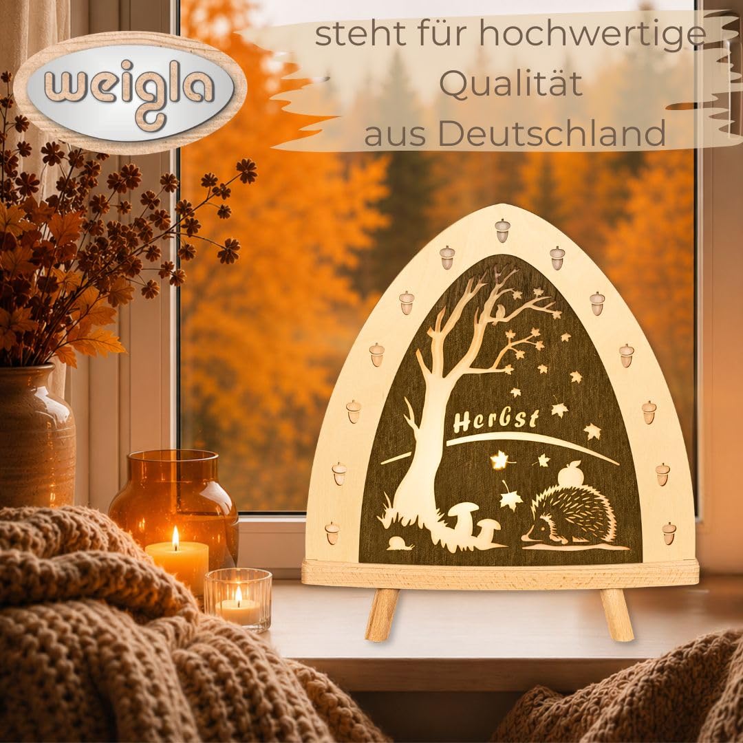 weigla - Dekoleuchte original Erzgebirge I Motiv Herbst I 1 LED Lampe I 0,8 W, E14 I Herbstdeko innen I Herbstbeleuchtung aus Holz I Fensterdeko