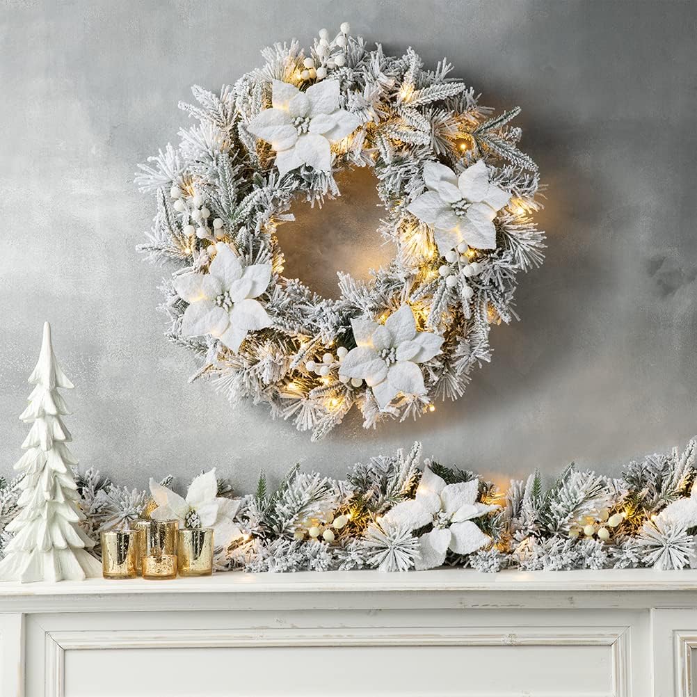 Glitzhome Christmas Wreath for Front Door, 24" D Christmas Wreath with 50 Warm White Lights and Timer, Prelit Snow Flocked Greenery Wreaths Pine Poinsettia Christmas Door Wreath