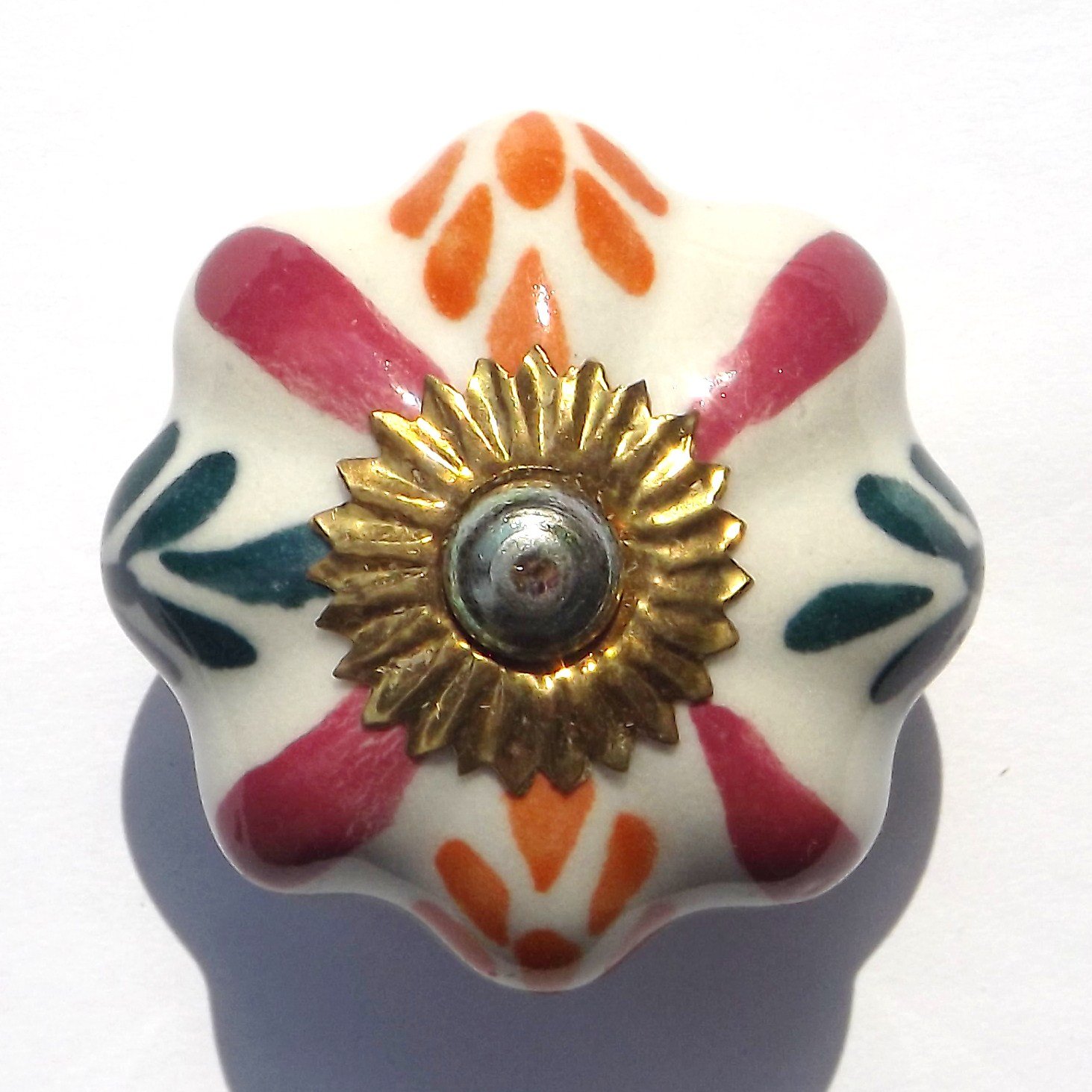 Glass Doorknobs And Furniture Pulls Orange,Green,Pink Cream Flower With Pink Star And Green/Orange Leaves (Brass Fittings) Ceramic Cupboard Door Knobs Drawer Pulls Shabby Chic Handle Porcelain