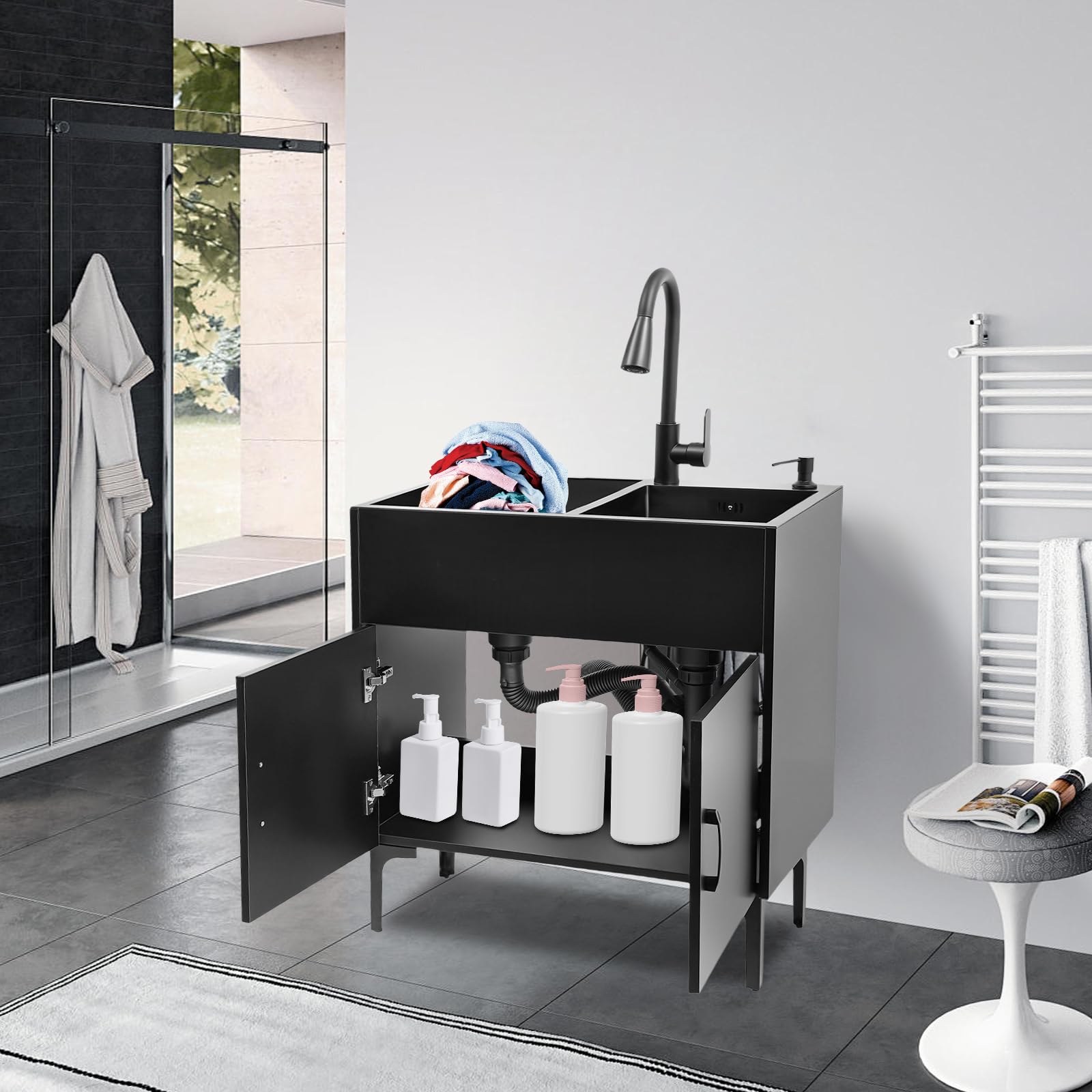 Lavello da cucina autoportante in acciaio inox con 2 vasche da 75 x 41 cm, lavello nero con rubinetto estraibile e mobiletto inferiore, per cucina domestica, giardino, esterni, lavanderia