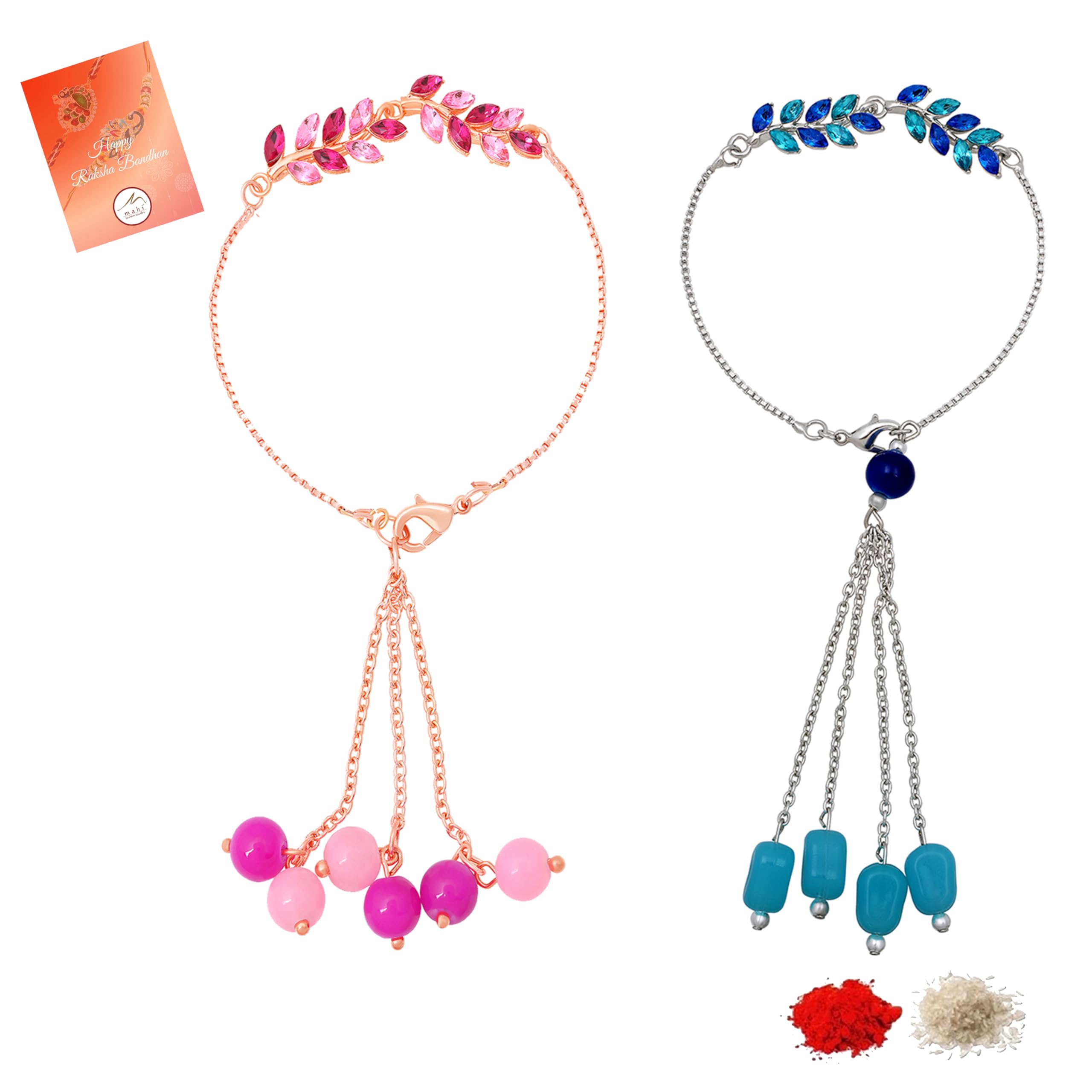 Modern Lumba Rakhi Set of 2 for Bhabhi | Leaf Motif Bracelet Rakhi with Pink and Blue Tassel Beads (RCO1105817M)-image-27