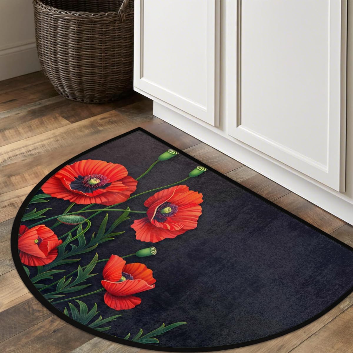 Flower Floral Poppy Half Round Doormat Washable Semi Circle Rug Non Slip Half Moon Rug Floor Mat for Indoor Outdoor Bathroom Kitchen Fireplace Entryway Bath Holiday Decor