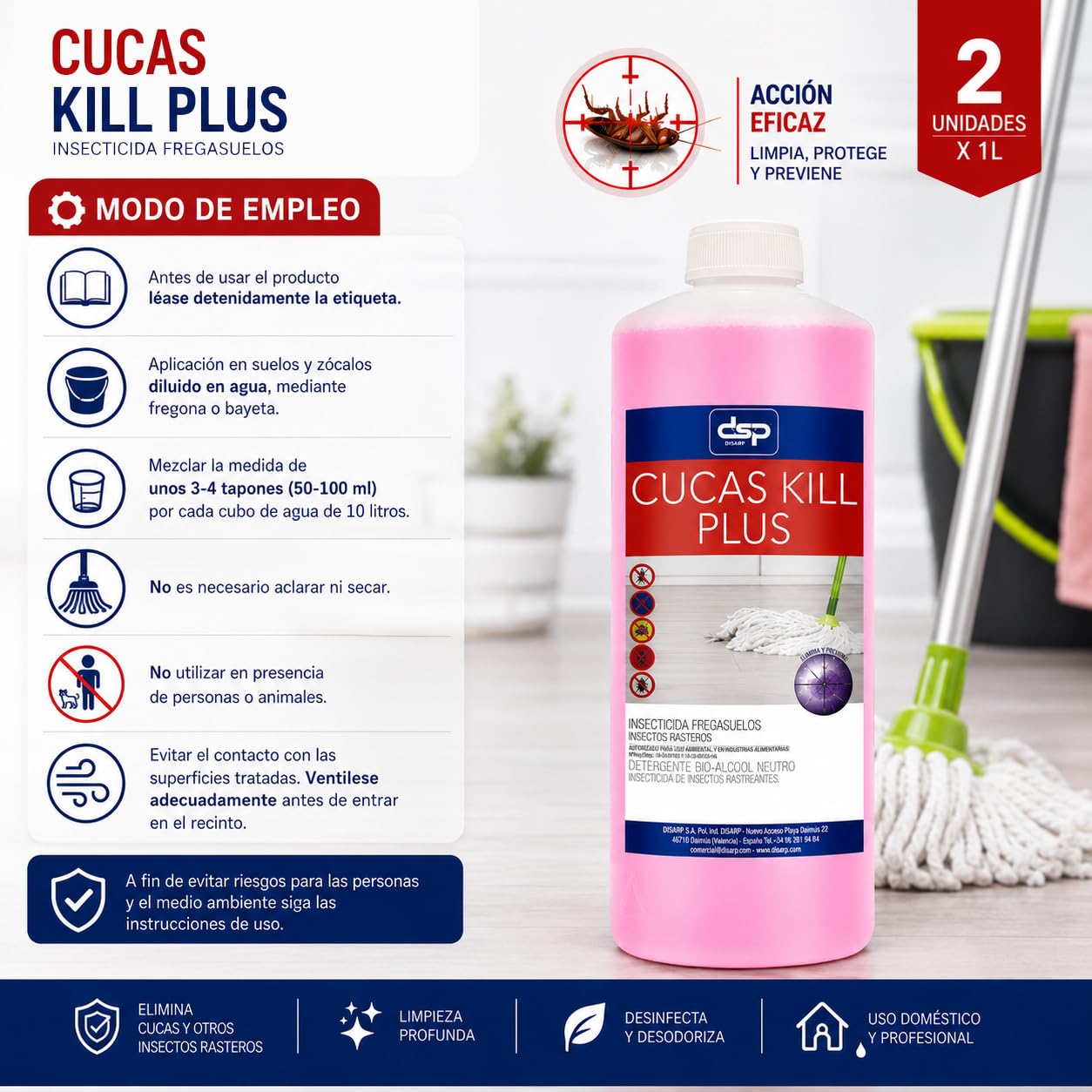 PACK DE 2 UNIDADES CUCAS KILL PLUS Insecticida Fregasuelos, Elimina Hormigas, Cucarachas y Arañas, Efecto Preventivo 15 Días, Aroma Neutro
