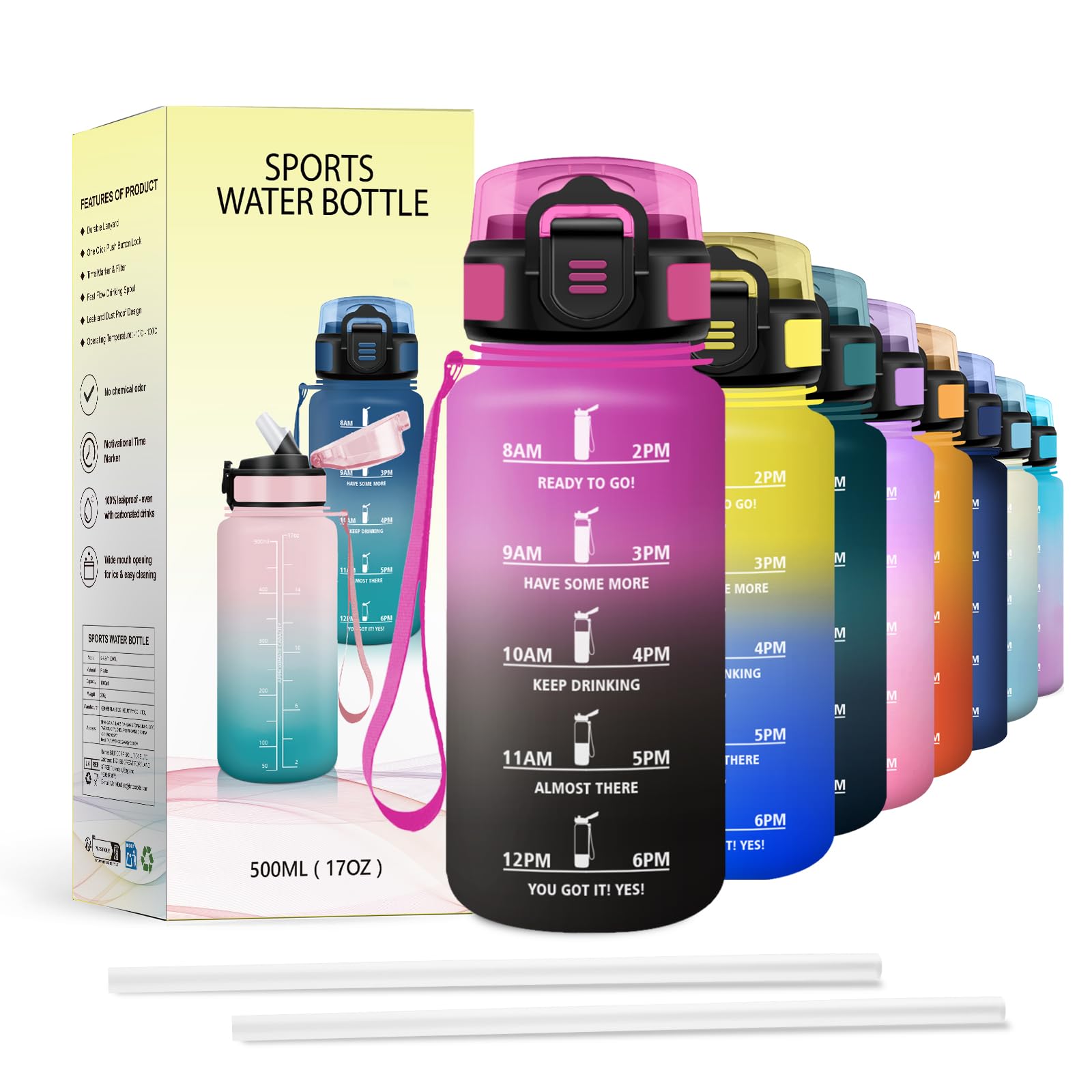 JAPORIA 500ml Water Bottle Hydration Bottle with Straw, Time Indicator, Leakproof, Reusable for Cycling, Hiking, Work