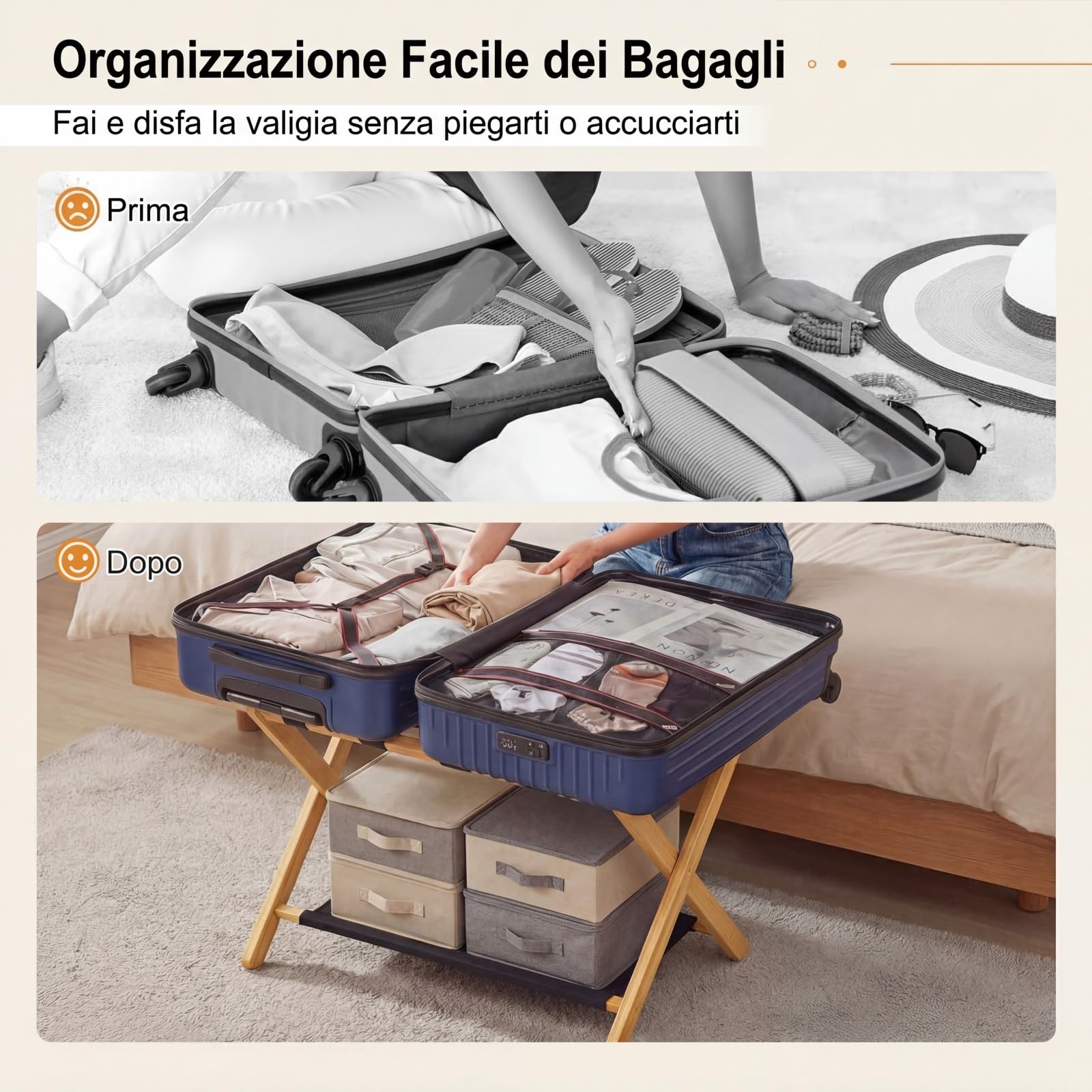 GYMAX Set di 2 Portavaligie in Bambù, Supporti Pieghevoli per Valigie con Mensola Portaoggetti in Tessuto, 5 Cinghie in Nylon Resistenti, Portavaligie per Camera Ospiti, Camera da Letto(Naturale)