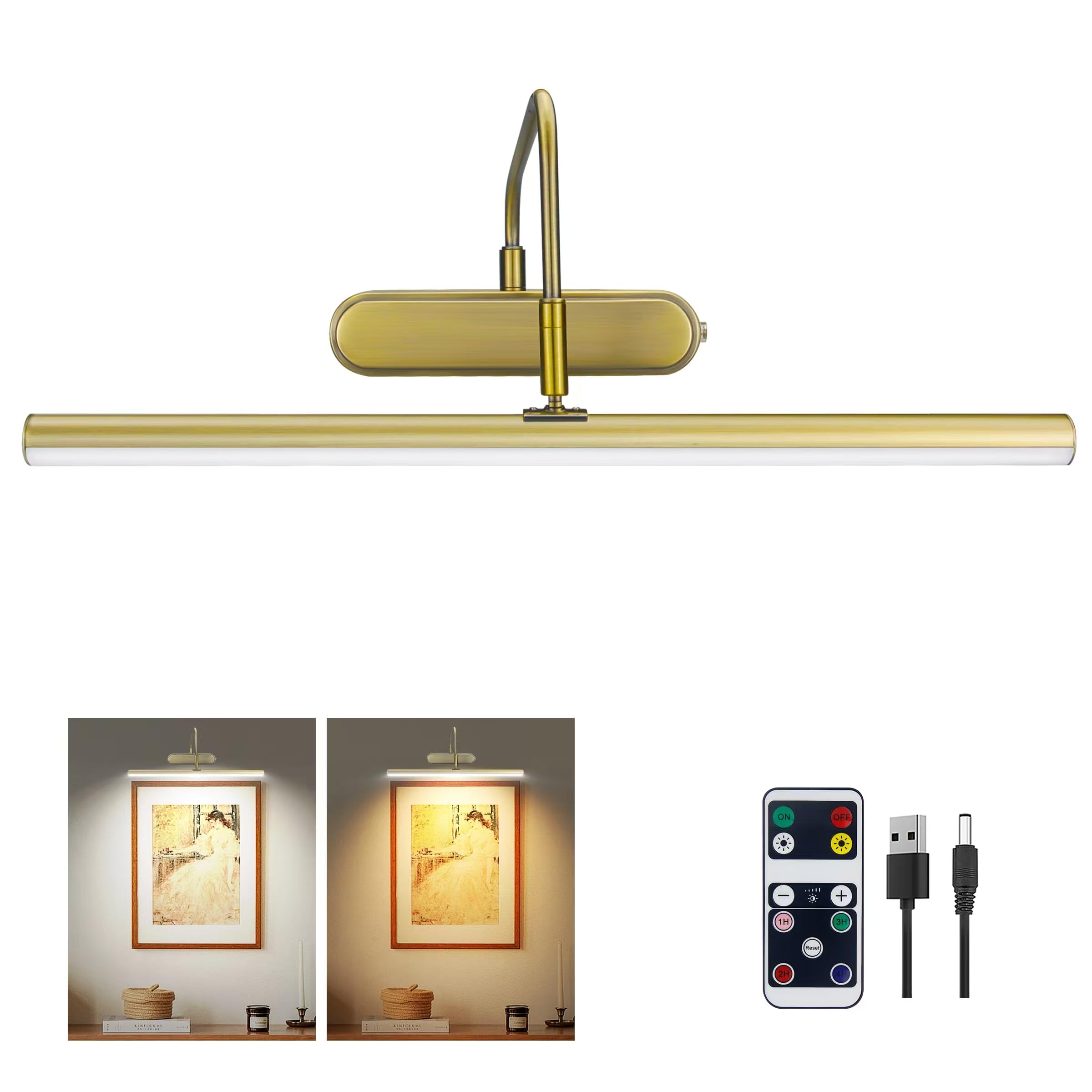 RAIFOOLLY Picture Light,2 Colors Art Lights for Paintings,15.9" Battery Operated Wall Lighting,Remote Accent Light with Timer and Dimmable for Frame,Portrait,Dartboard-Antique Brass