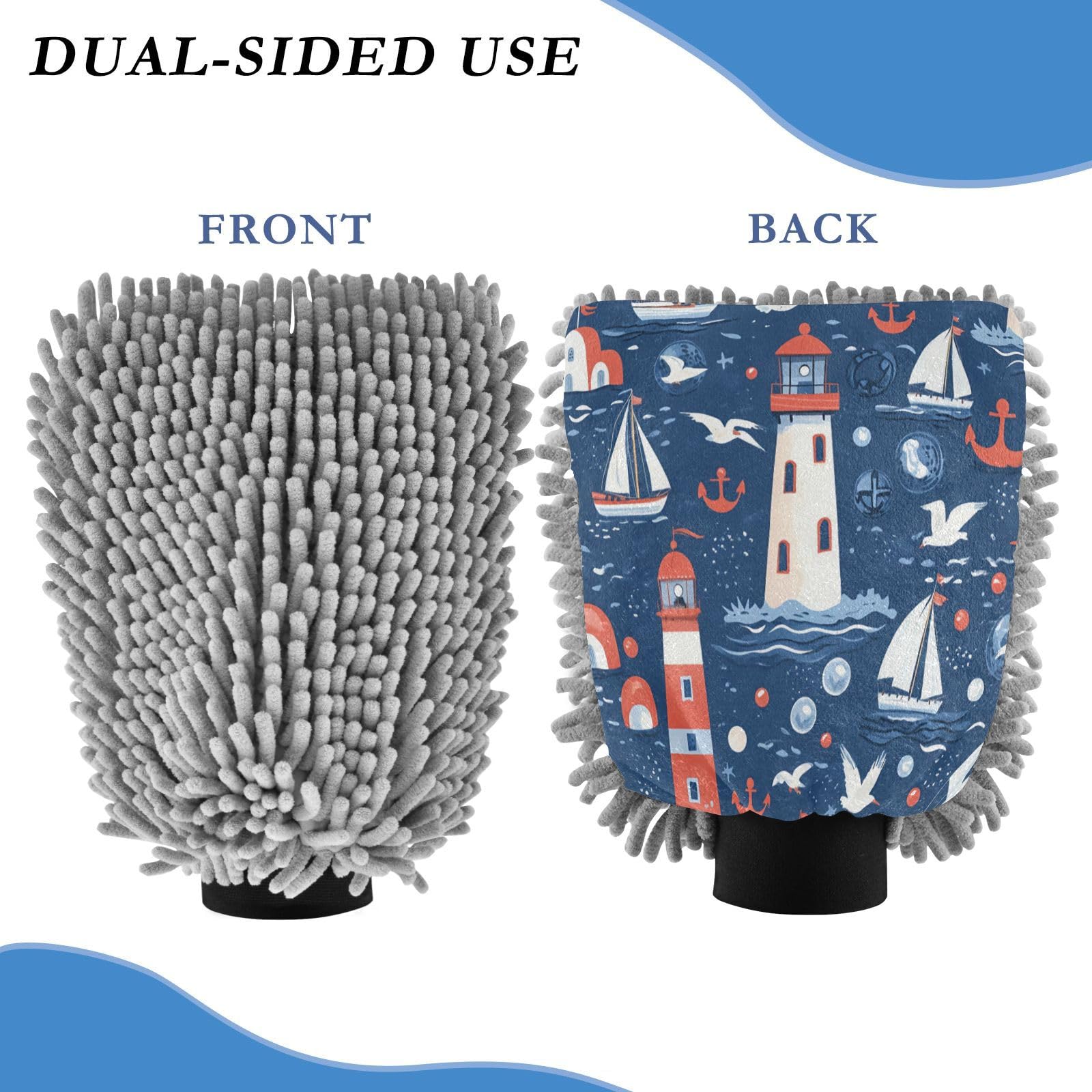 STAYTOP Seagull Lighthouse Car Wash Mitt Microfiber, 2Pcs Scratch Free Lint-Free, Premium Chenille Microfiber Mitt Car Wash Brush-L