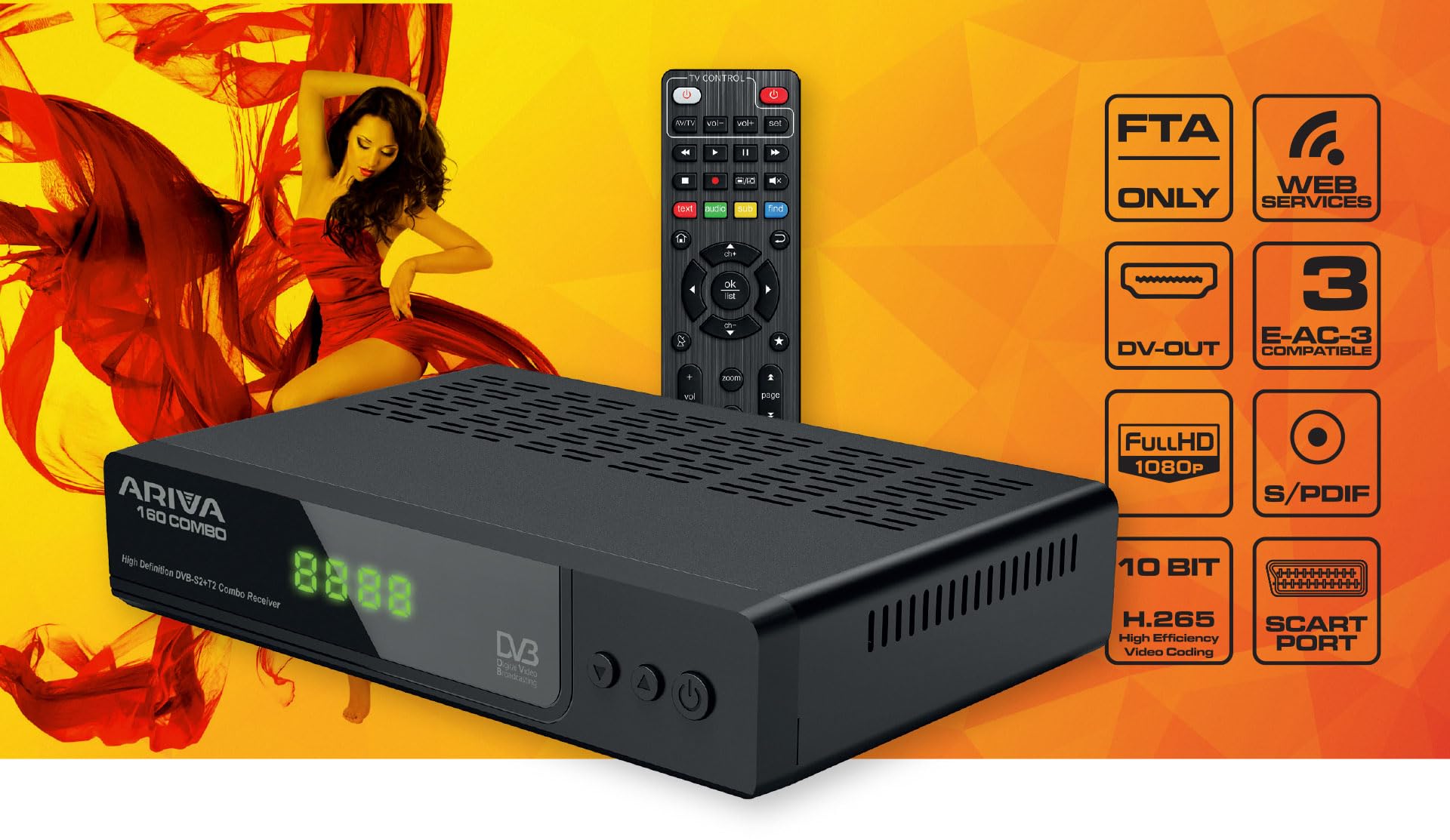 Ferguson Ariva 160 Combo – Récepteur DVB-S2 & DVB-T2 avec Full HD, H.265 HEVC, PVR, DLNA, WebApps, USB, LAN et télécommande programmable RCU 161