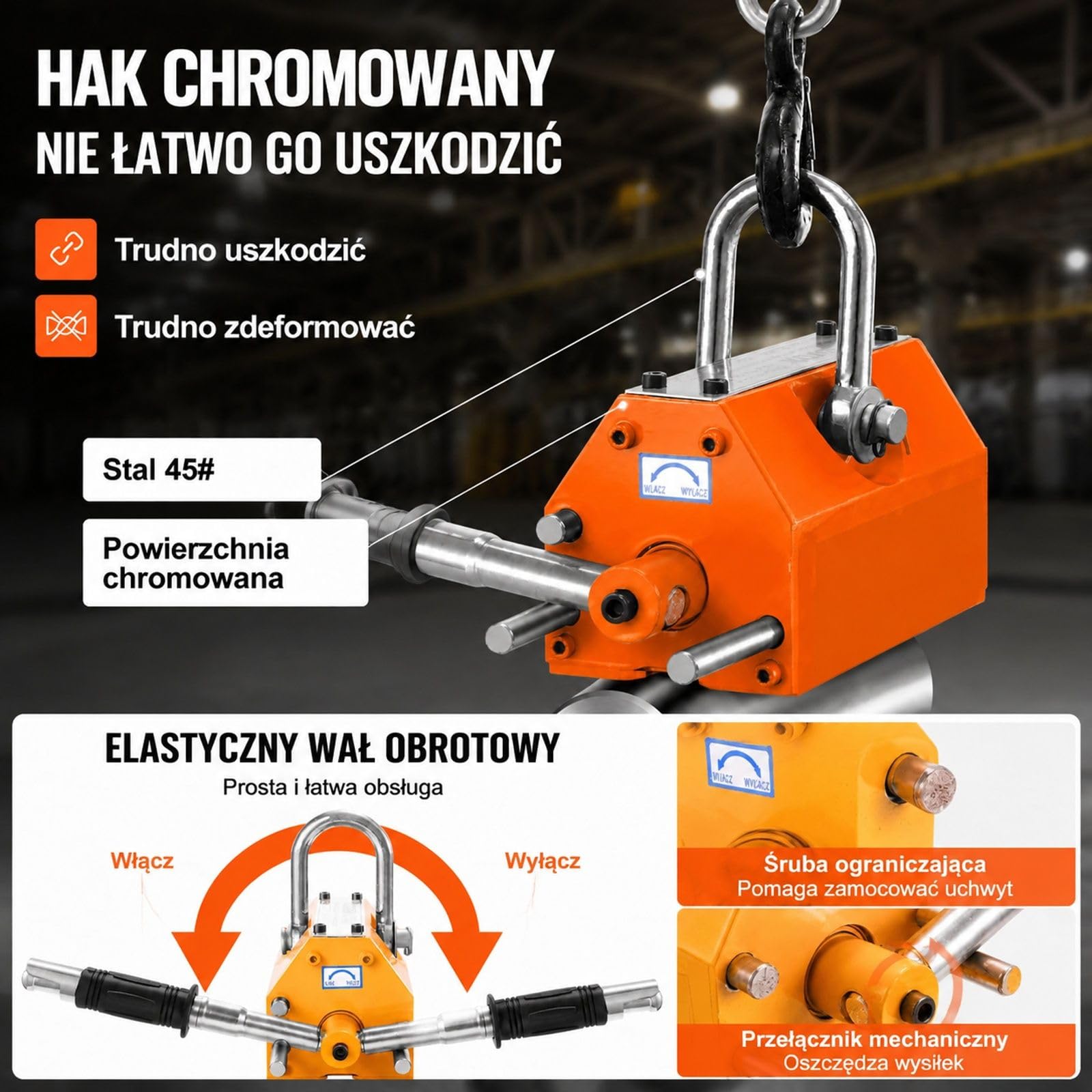 Magnes trwały 300 kg, żółty neodymowy podnośnik dźwigowy z hakiem i rowkiem U do blachy stalowej oraz okrągłych prętów
