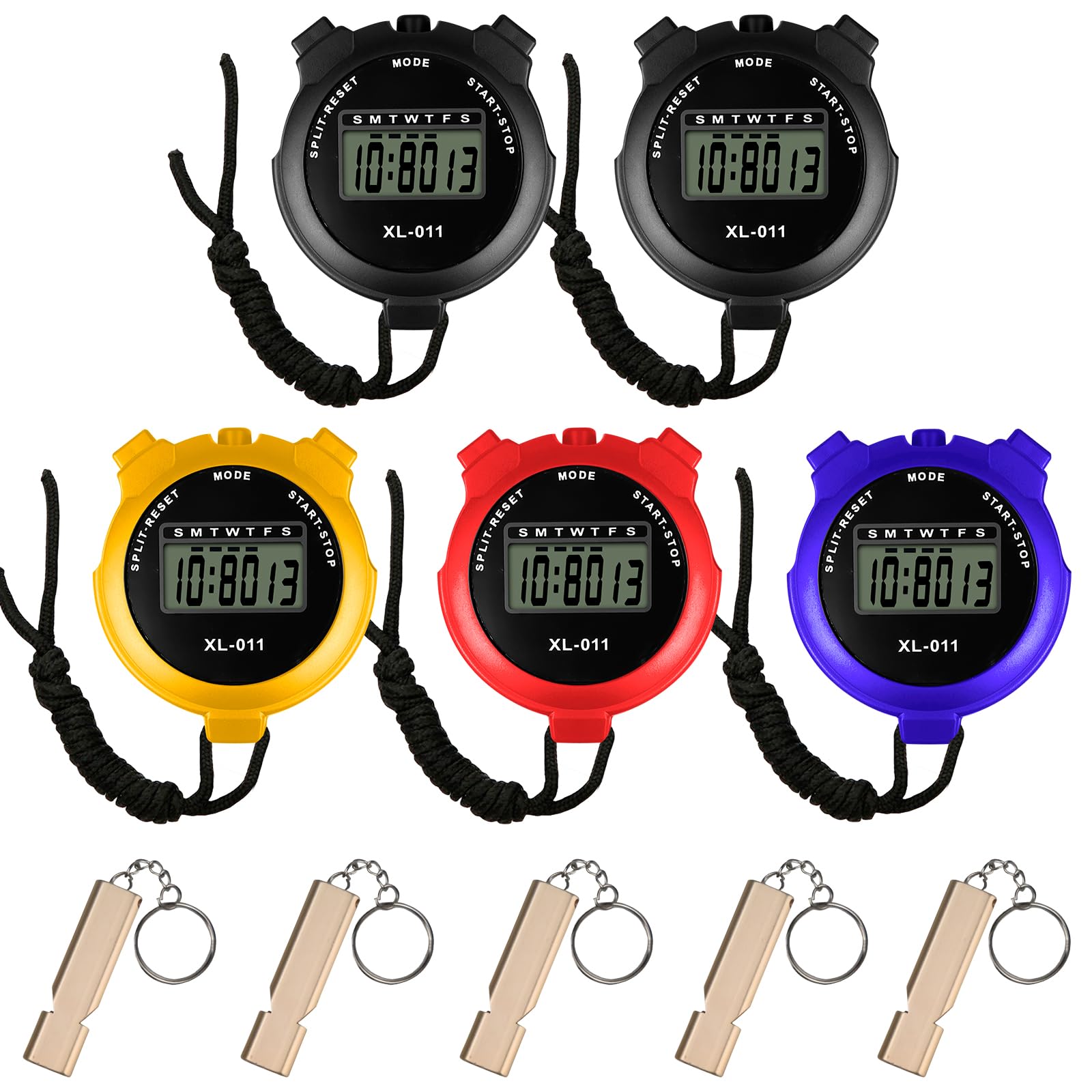 5 chronomètres de sport numériques avec 5 sifflets, grand écran LCD, chronomètre numérique multi-fonction, chronographe portable pour la natation, la course et l'entraînement sportif