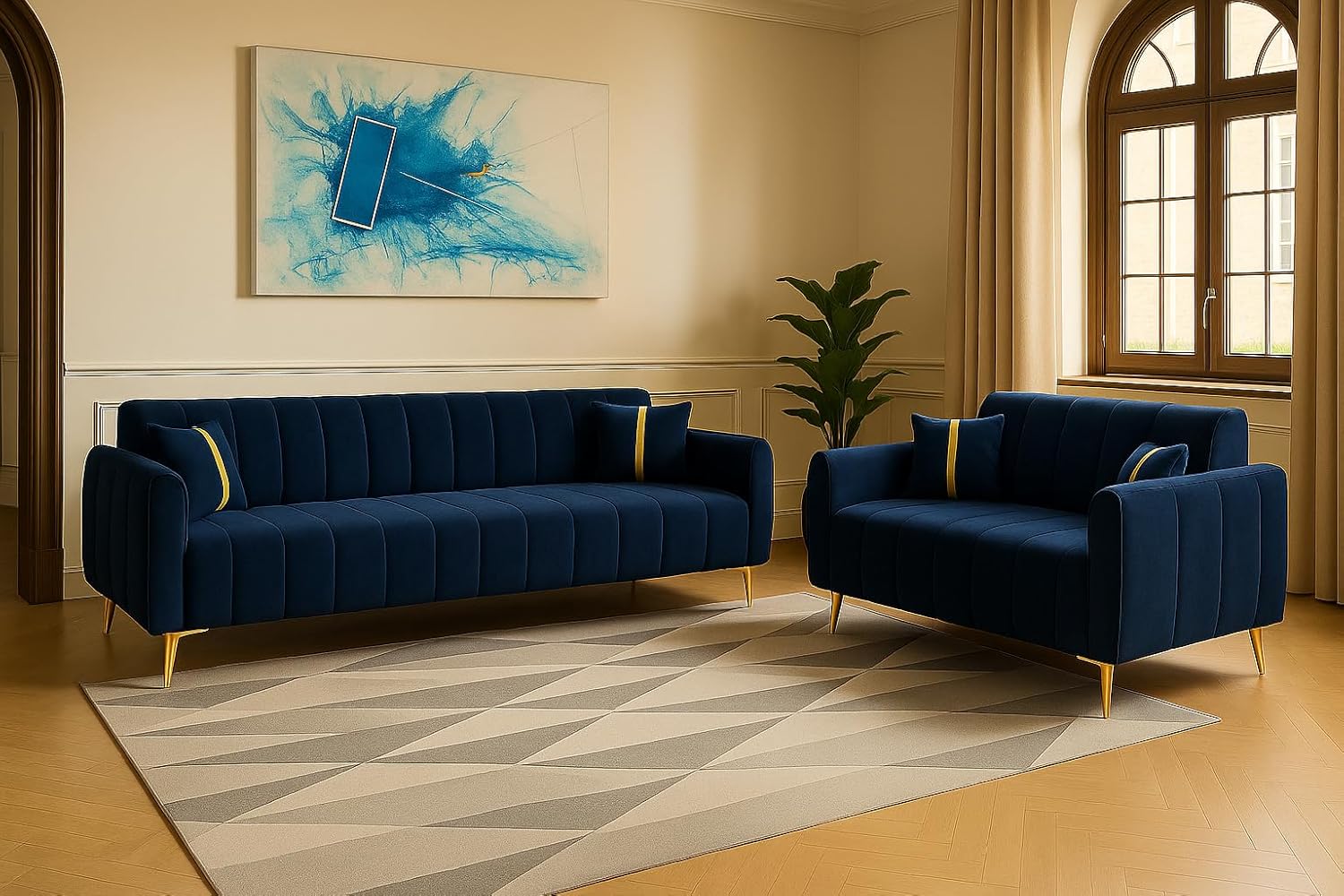 FURNY Harmony 5 Seater Velvet Fabric 3+2 Sofa Set (Blue) with Golden Finish Legs | Durable & Comfortable | Ideal for Living Room FURNY Harmony 5 Seater Velvet Fabric 3+2 Sofa Set (Blue) with Golden Finish Legs | Durable & Comfortable | Ideal for Living Room