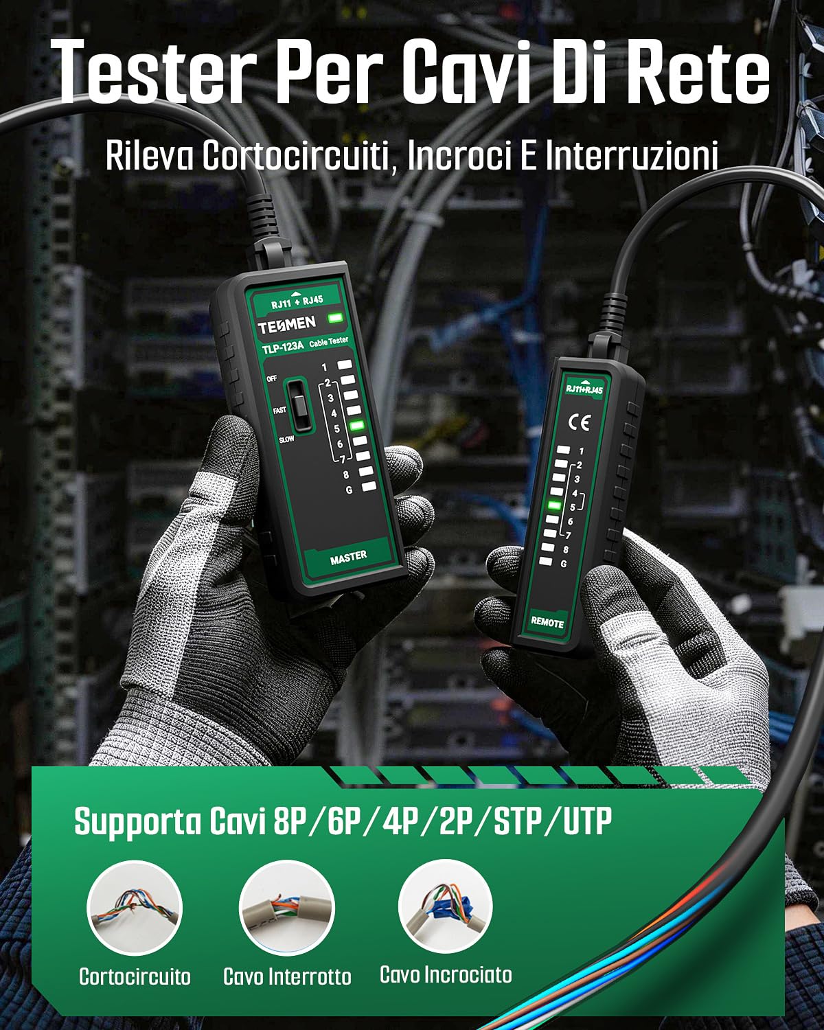 TESMEN TLP-123A Tester per cavi di rete RJ11 RJ45, strumento per cavi Ethernet CAT5/CAT5E/CAT6/CAT6A/CAT7/UTP&STP, test di continuità LAN e TEL, adatto per la manutenzione dei cavi - Verde