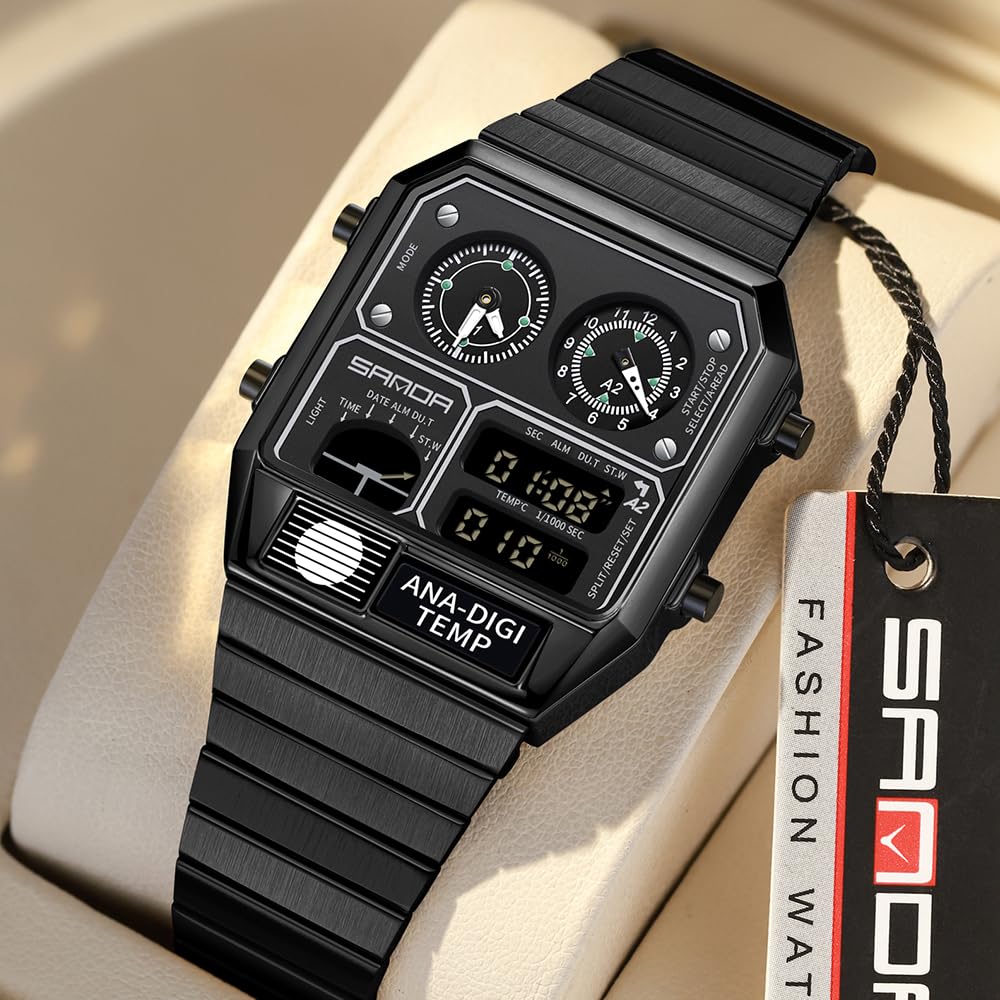 MASTOP Montre analogique numérique carrée de Style rétro avec Affichage de la température, 3 fuseaux horaires, rétroéclairage, étanche à 50 m, Alarme, chronomètre, Semaine/Date, Noir, Montre