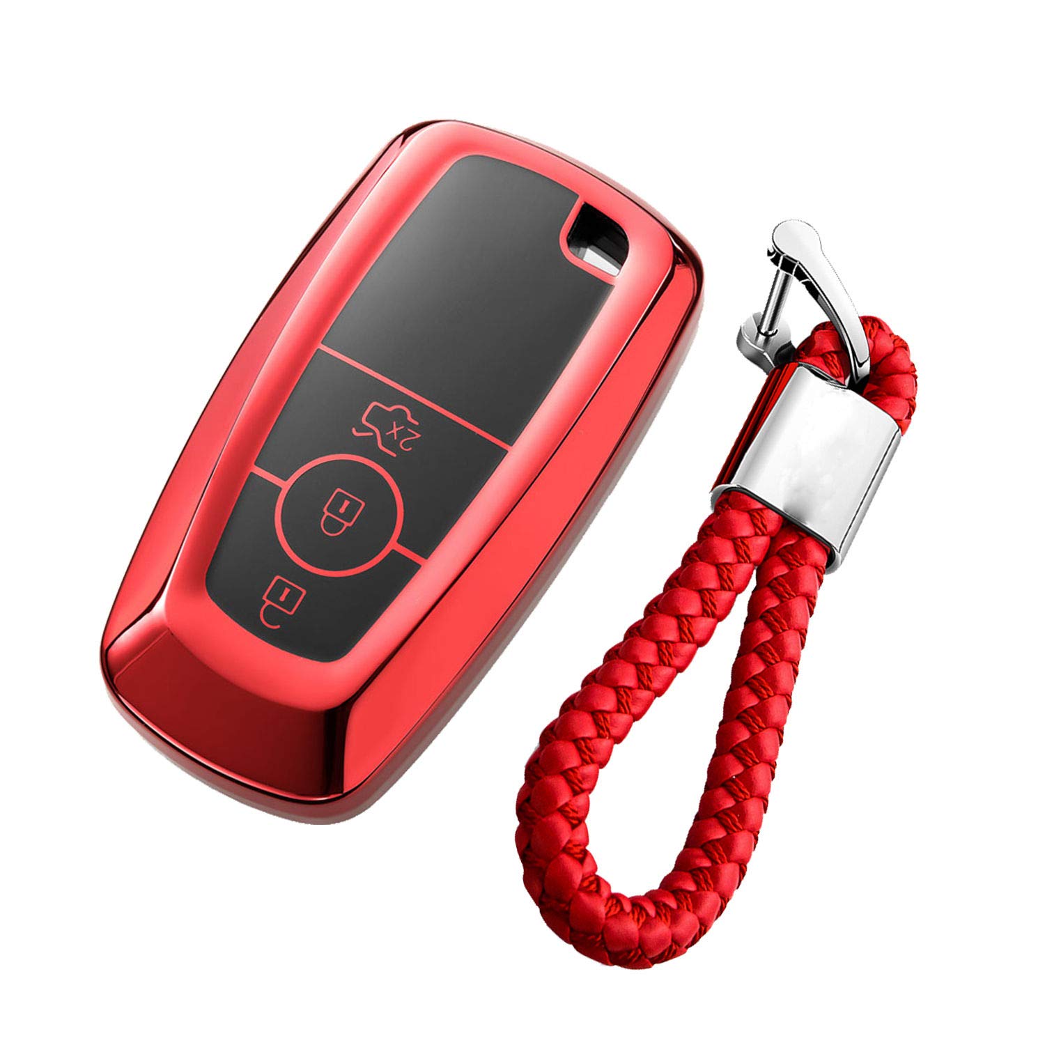 M.JVisun Soft TPU Case Cover Protector Case for Ford Key Fob, Car Remote Key Fob Case for Ford Mondeo Explorer Ranger Fusion Mustang Edge Ecosport F-150 F-250 - Glossy Red - Braided Keychain