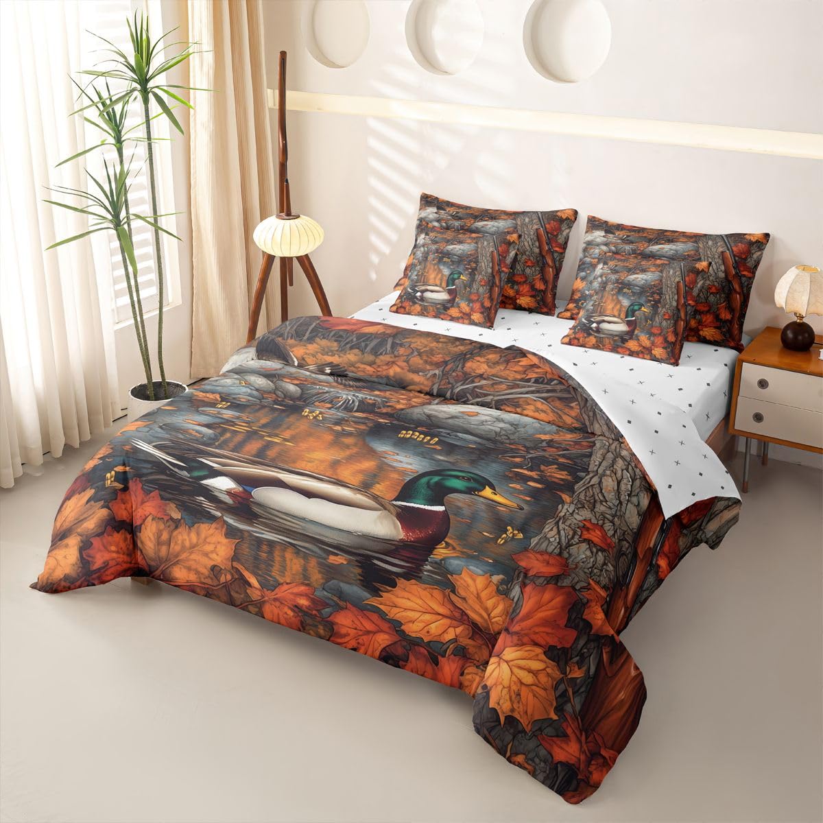 Loussiesd Mallard - Set di biancheria da letto per letto singolo, 7 pezzi, motivo: caccia e fauna selvatica, per bambini, ragazzi e ragazze, con copripiumino, lenzuola, federe, federe