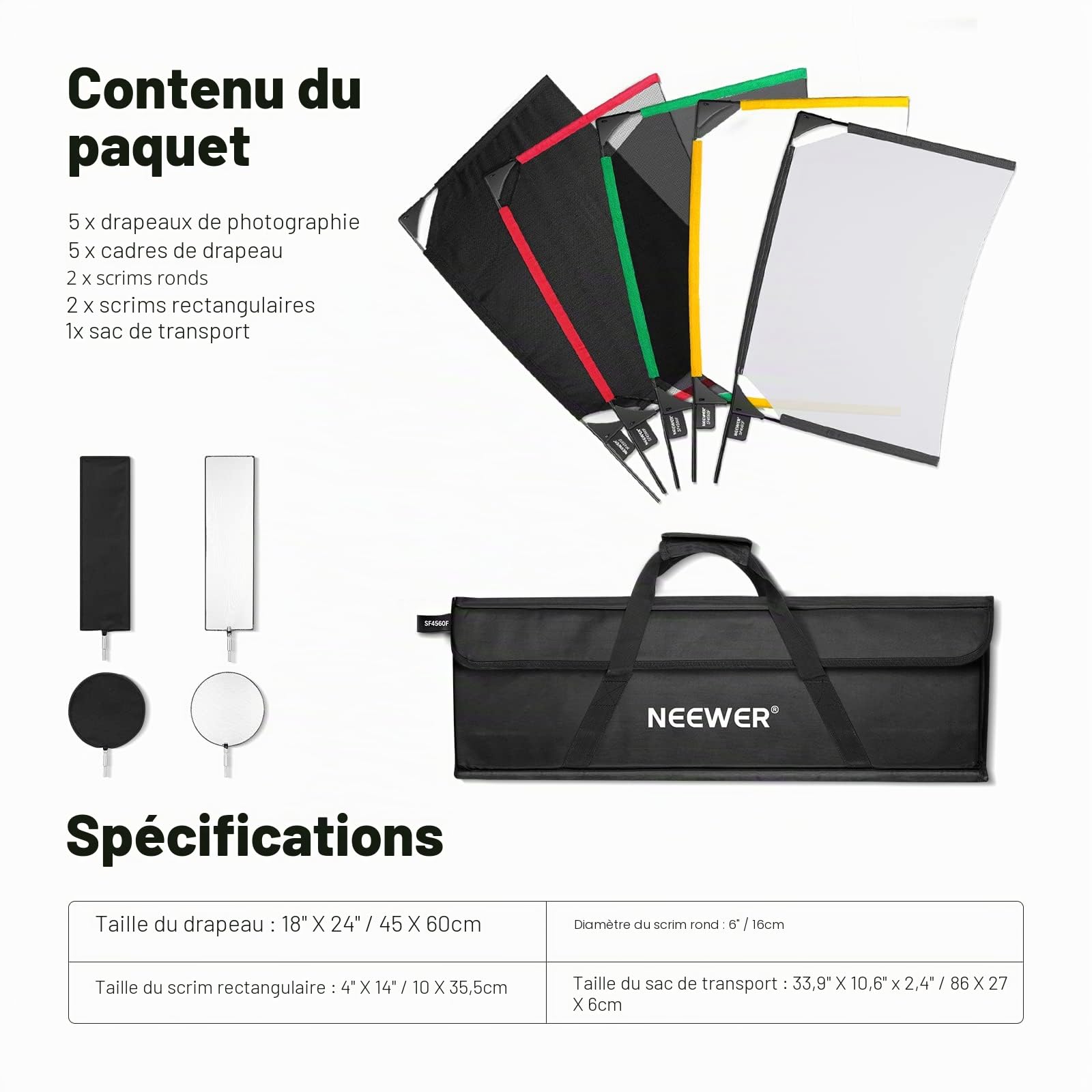 Neewer SF4560F Kit de Drapeau Pliable 5 en 1 pour Photographie, réflecteur, modificateur de lumière, pour Effets Doux, diffusés et Lumineux, Sac de Transport Inclus, 45 x 60 cm